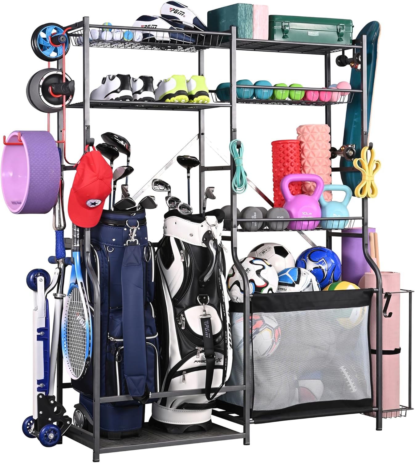 PLKOW Golf Storage Ball Rack Garage Organizer, 2 Golf Bag Organizer and Other Sports Equipment Organizer for Garage, Extra Large Size Sports Storage Rack for Garage