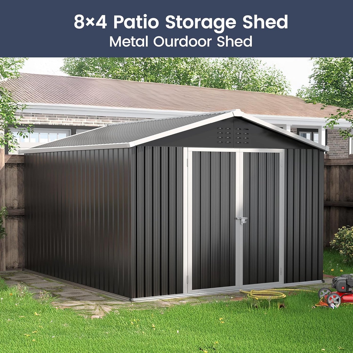 UDPATIO Outdoor Storage Shed 10x12 FT, Outside Sheds & Outdoor Storage Metal Galvanized Steel Yard, Patio, Lawn, Tool Shed with Lockable Door for Can, Bike, Lawnmower, Generator,Dark Grey