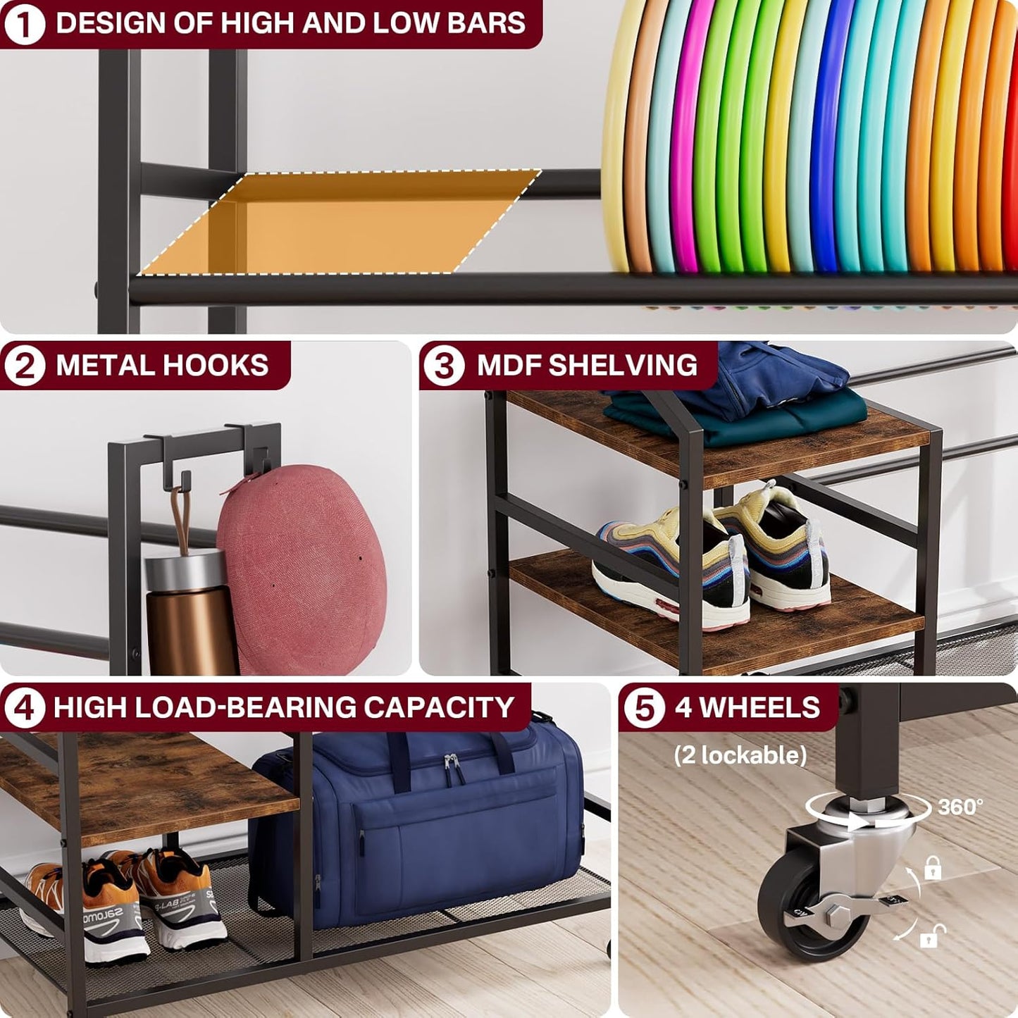 Portin 5 Tier Disc Golf Storage Rack, Disc Station Organizer with Hooks and wheels, Disc Golf Shelf for Storing Sports Equipment Accessories, Disc Golf Bag Basket Organizers for Home Garage Basement