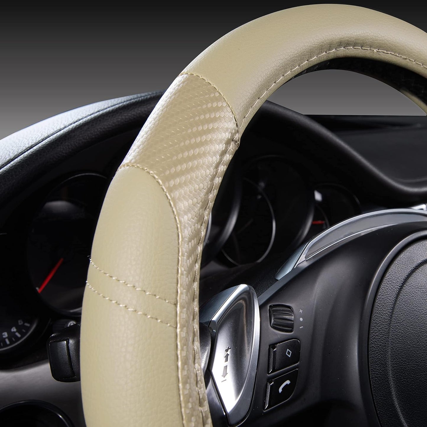 CAR PASS Line Rider Microfiber Leather Sporty Steering Wheel Cover Universal Fits for 95% Truck,SUV,Cars, Anti-Slip Safety Comfortable Desgin (Beige-Carbon Fiber)
