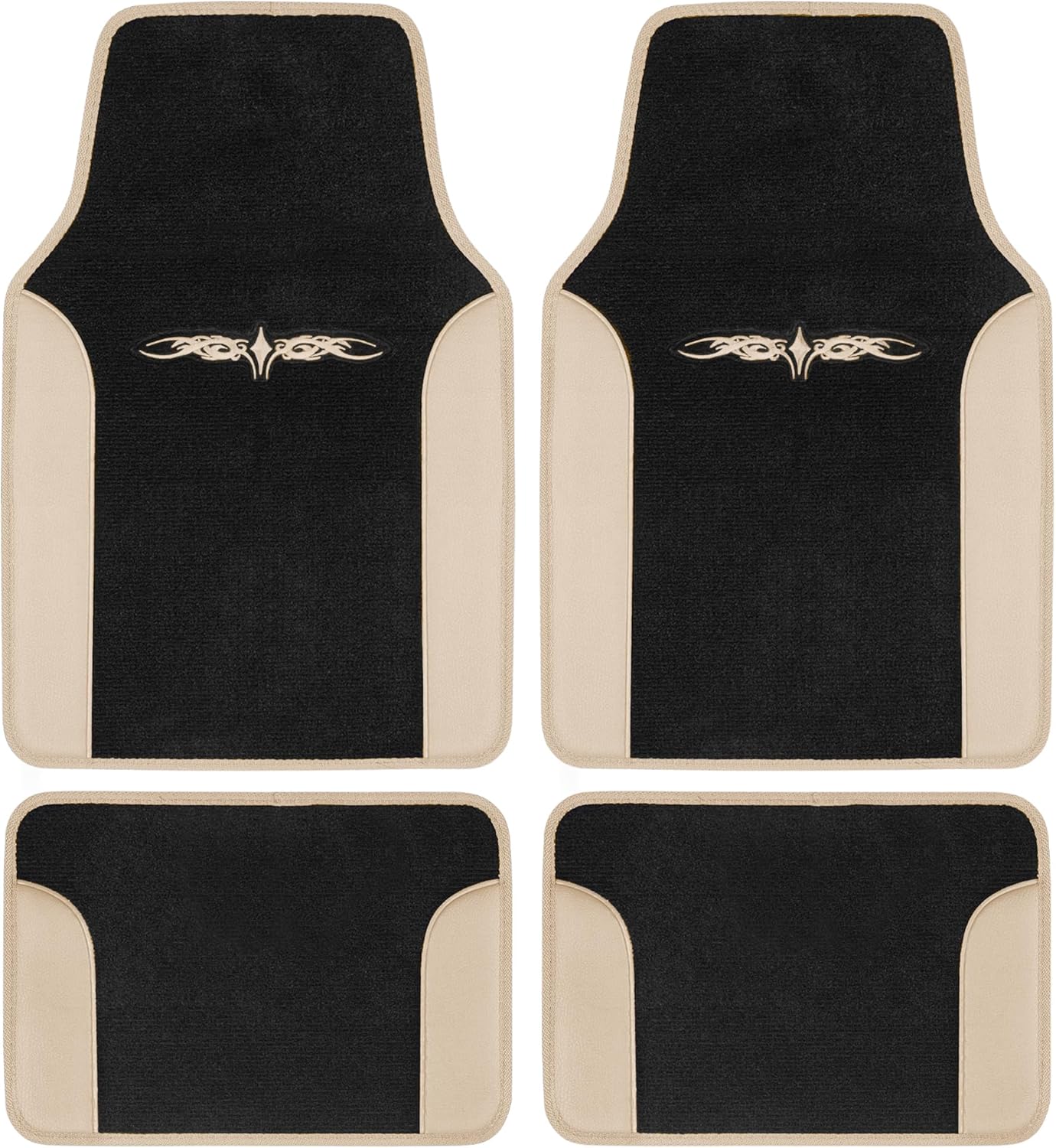 BDK carXS Fresh Two-Tone Carpet Floor Mats, Tribal Tattoo Design with Vinyl Trim for Car Sedan Truck SUV, Front & Rear Set of 4, Beige