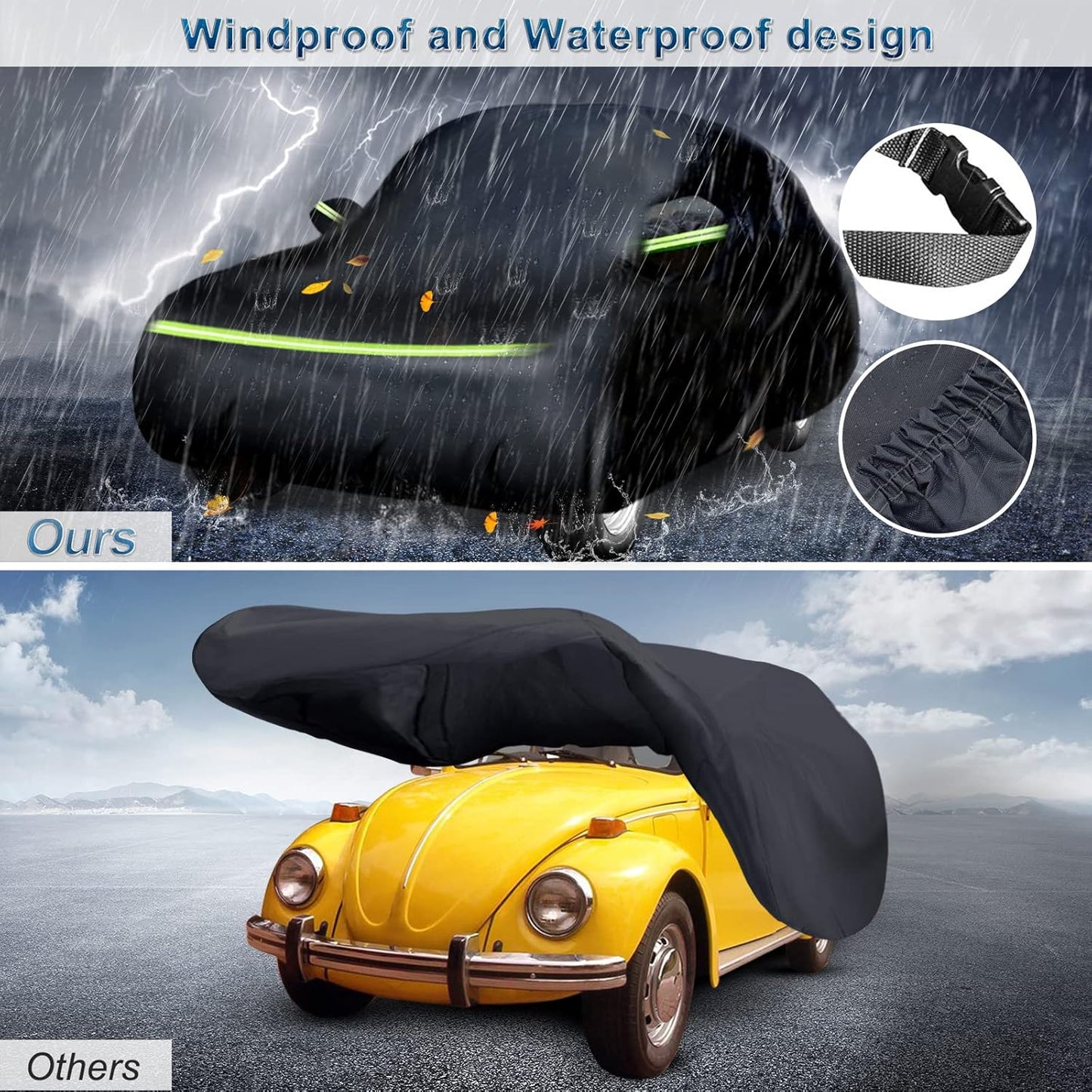for New Beetle Car Cover Waterproof All Weather Heavy Duty Protection Outdoor Light Shell Full Car Covers Windproof with Driver Side Zipper Compatible with 1998-2025 Volkswagen New Beetle(Up to 194")