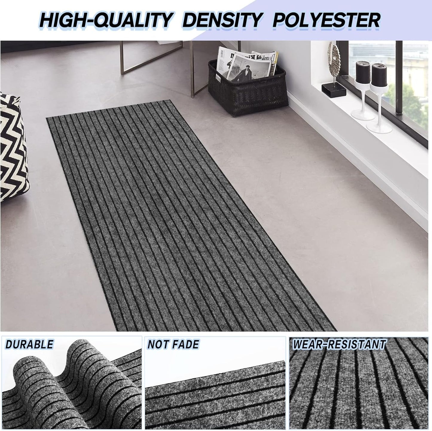 Custom Size Backed Non-Slip Area Rugs Runner, Easy Clean, Waterproof Runner Rugs for Hallway Entryway, Kitchen, Laundry, 4FT x 20FT, Gray Stripe