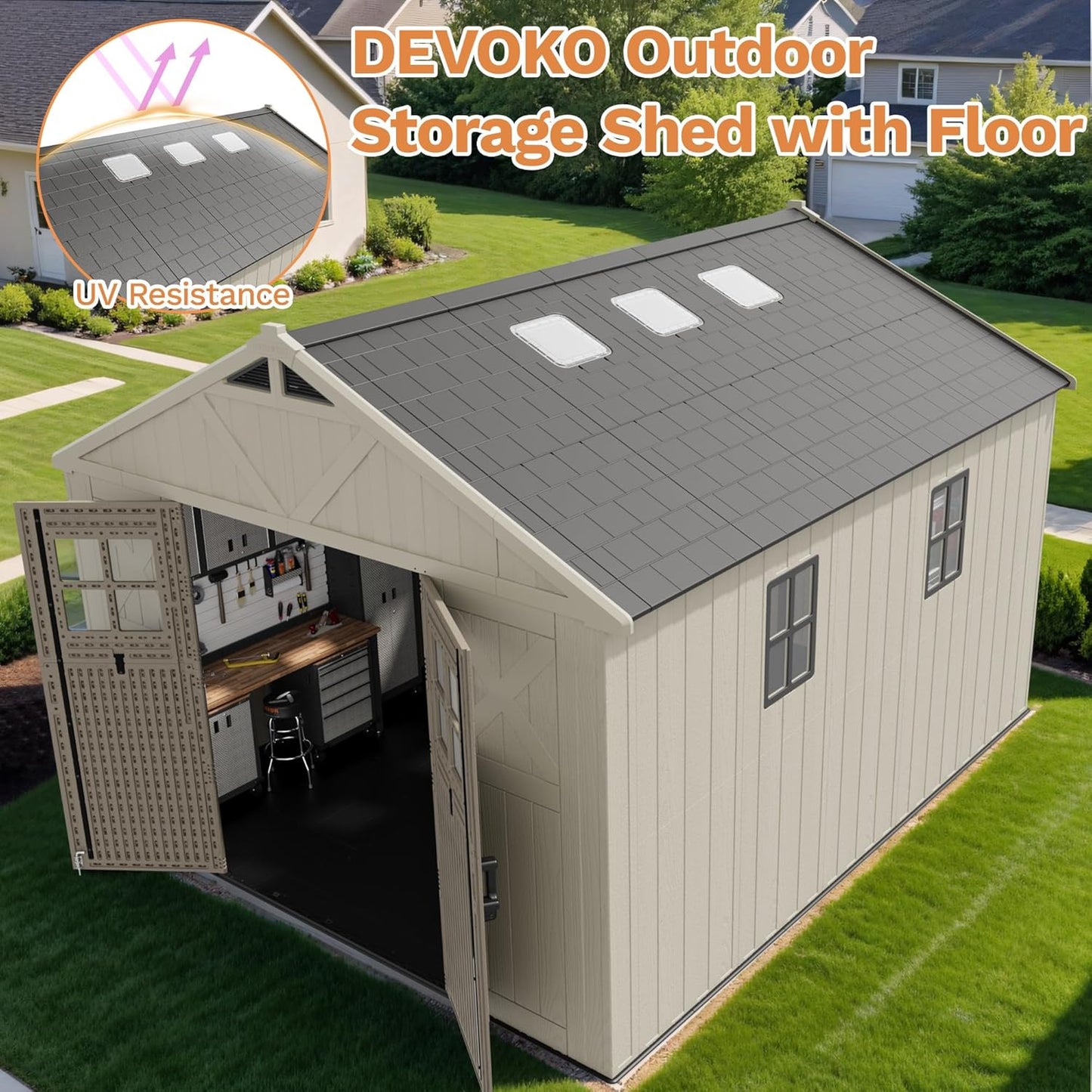 Devoko 10 x 12 FT Plastic Outdoor Storage Shed with Windows, Resin Tools Shed with Floor Large Storage Garden Shed for Patio,Garden, Backyard, Lawn, Beige