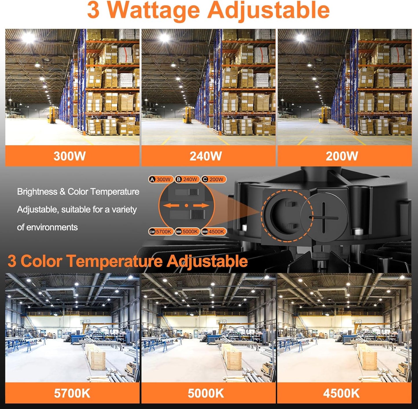 LED High Bay Lights, 300W UFO High Bay LED Shop Lights, 45000LM Adjustable CCT(5700K 5000K 4500K) & Power(300W 240W 200W), 0-10V Dimmable, 5' Cable Plug, IP65 Waterproof, ETL & DLC Listed High Bay