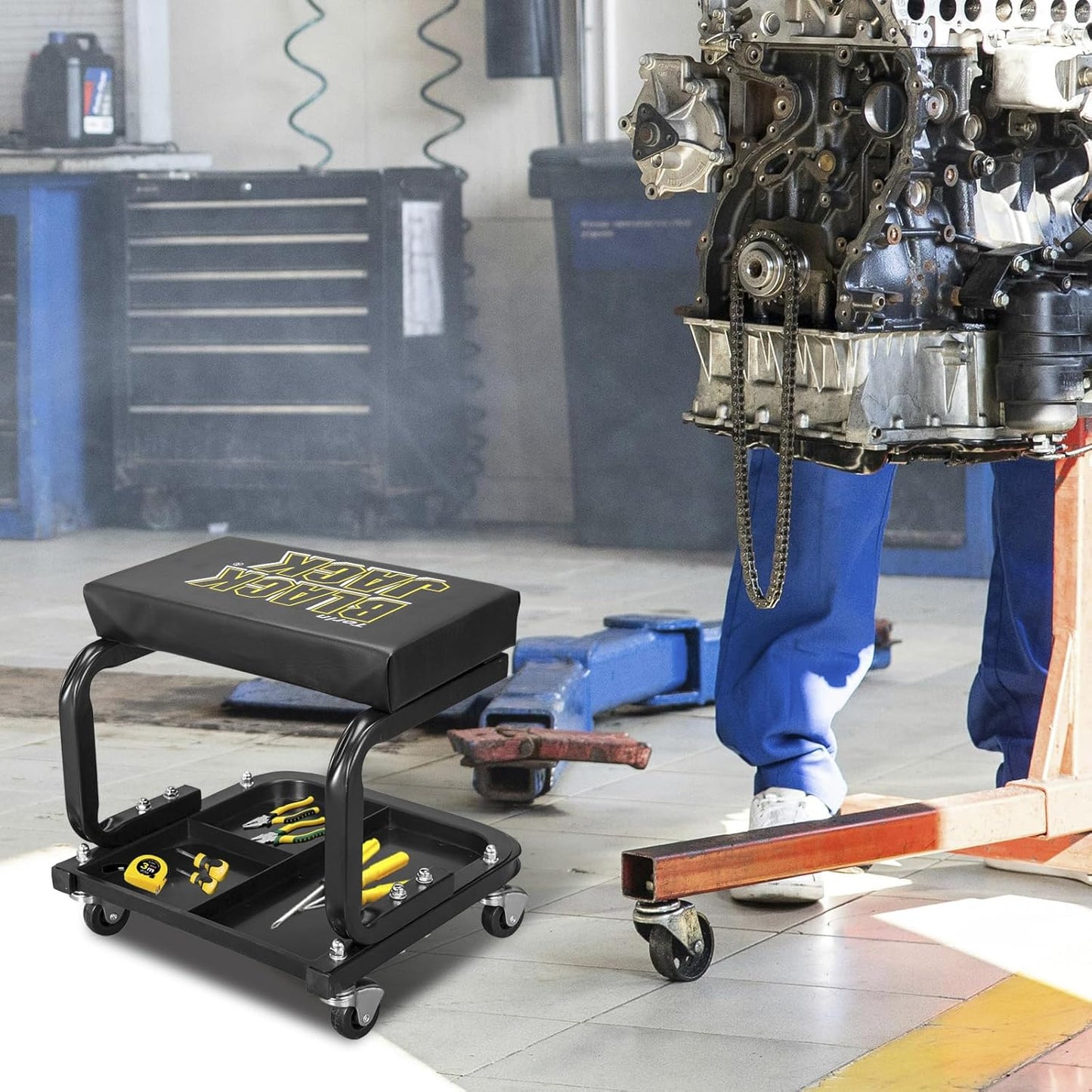 Torin Rolling Creeper Seat,Black, Large,Padded Mechanic Stool with Tool Tray Storage, Garage/Shop Seat