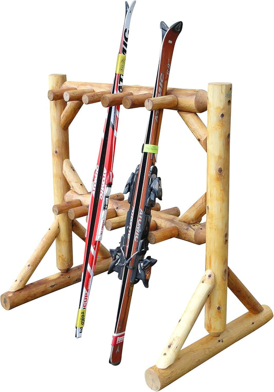 11-Place Freestanding Log Ski Rack Holder, Indoor & Outdoor Snowboard Racks, Standing Storage, Garage Racks for Snow Skis, Durable Snowboard Rack Garage Storage Organizer - Natural + 15" Anchor Kit
