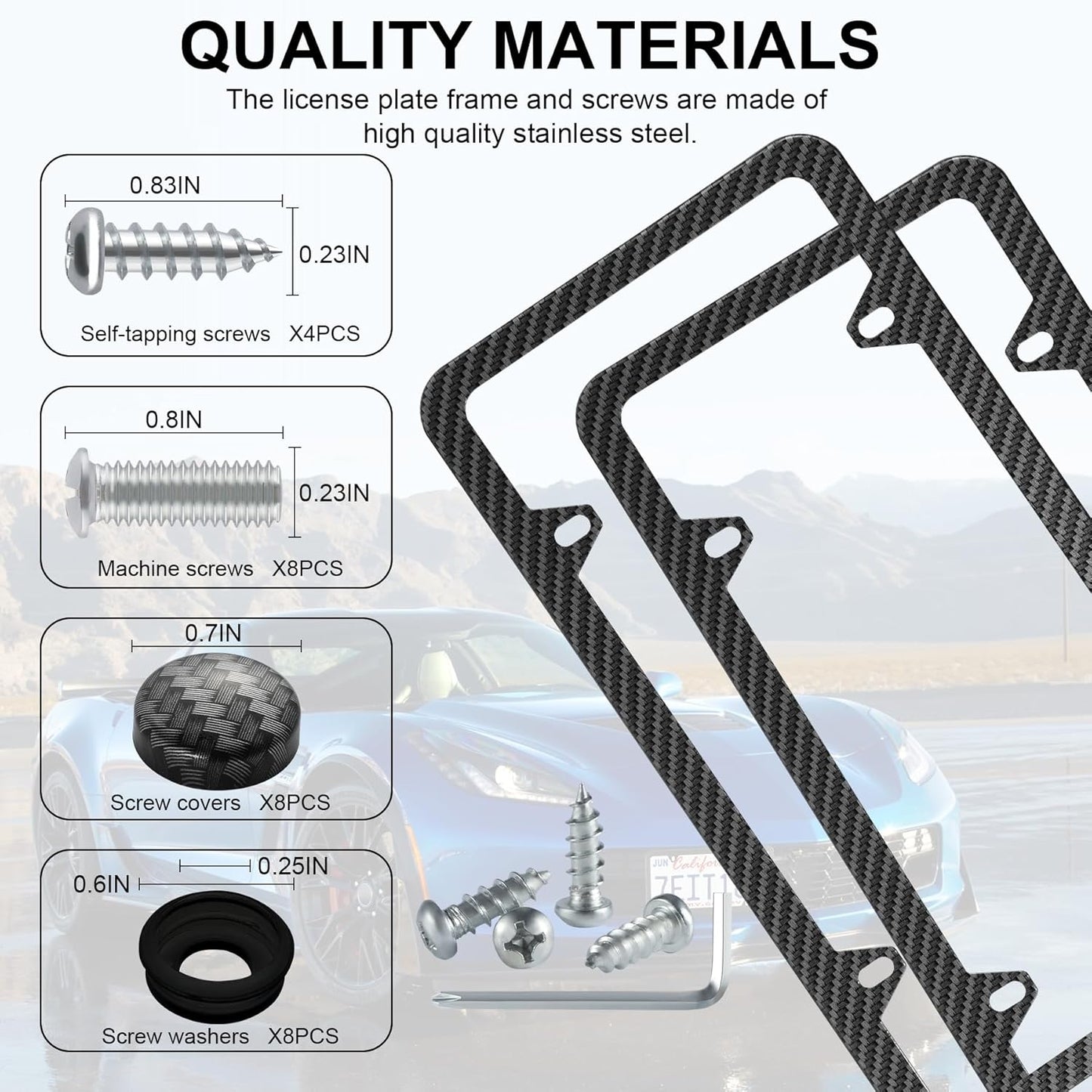 LivTee Carbon Fiber License Plate Frames, 4 Holes Stainless Steel License Plate Covers, 2PCS Car License Plate Holder, Automotive Exterior Accessories, Slim Design with Gasket Cover for US Cars