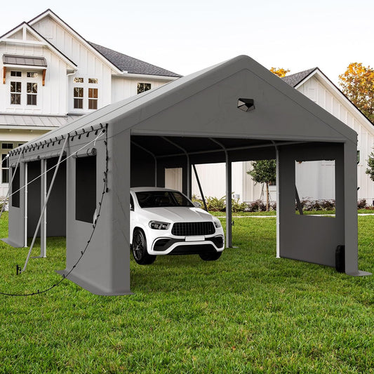 13x25 Carport, Heavy Duty Carport Canopy Garage with Removable Sidewalls and Drive Through Roll Up Zipper Doors & Side Doors, Grey