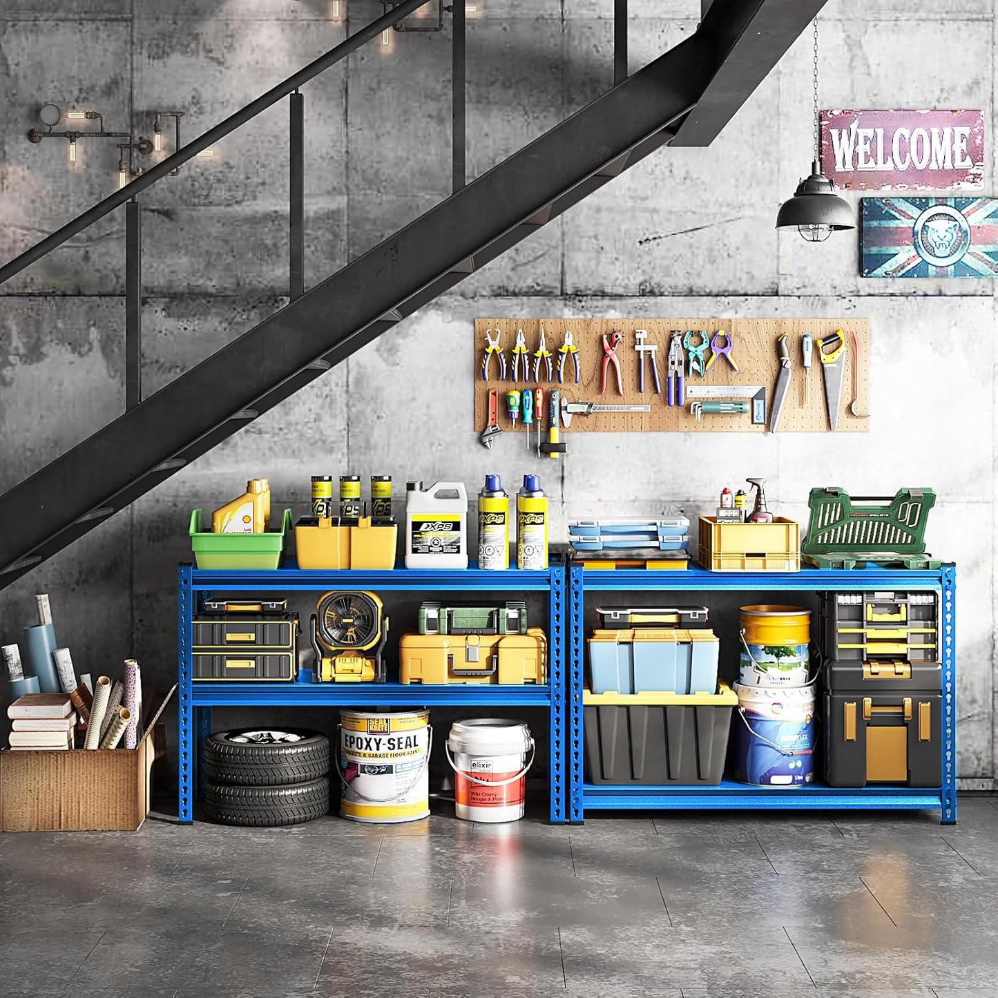 48" W Garage Shelving Heavy Duty, 1000LBS Loads Adjustable Garage Storage Shelves, 2-Tier Metal Shelving Units and Storage Racks, Industrial Utility Shelf,48" Wx18 Dx39 H, Blue