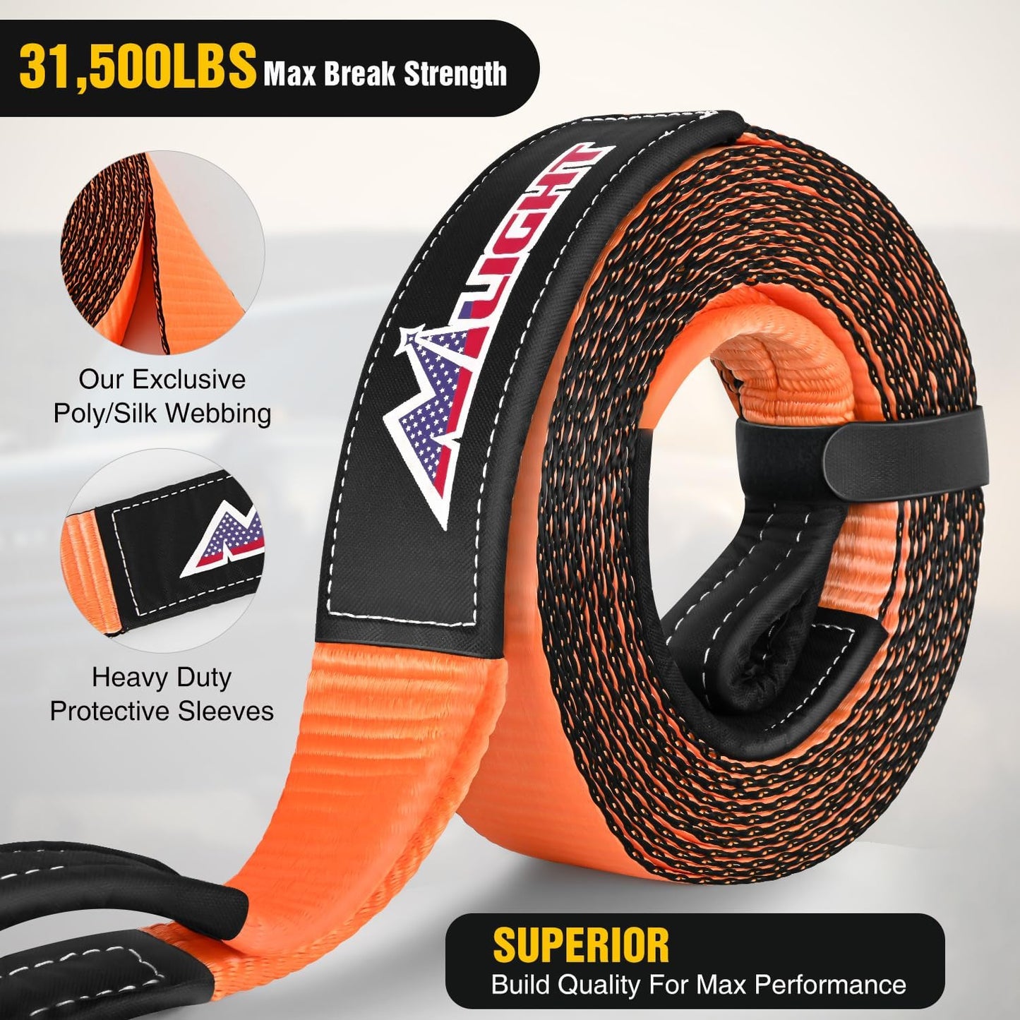 Nilight 3" x 30' Recovery Tow Strap Lab Tested 31,500lbs Break Strength Heavy Duty Off Road Straps with Triple Reinforced Loop Emergency Towing Rope of Mind for SUV, UTV, ATV, Truck, 2 Years Warranty