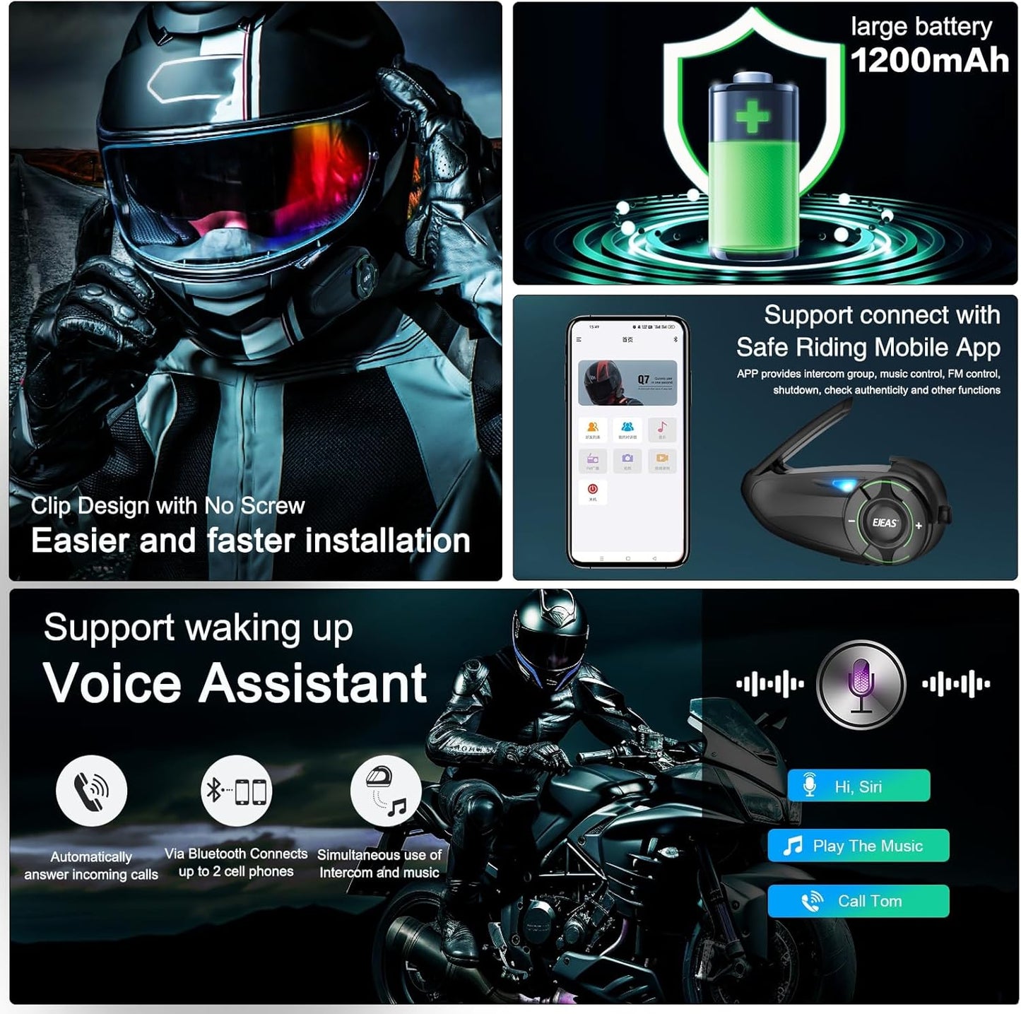 EJEAS Q8 1PC Motorcycle Bluetooth Headset, Upgraded Mesh 3.0 Intercom System with Music Sharing and IP67 Waterproof for 6 Riders Group Talking