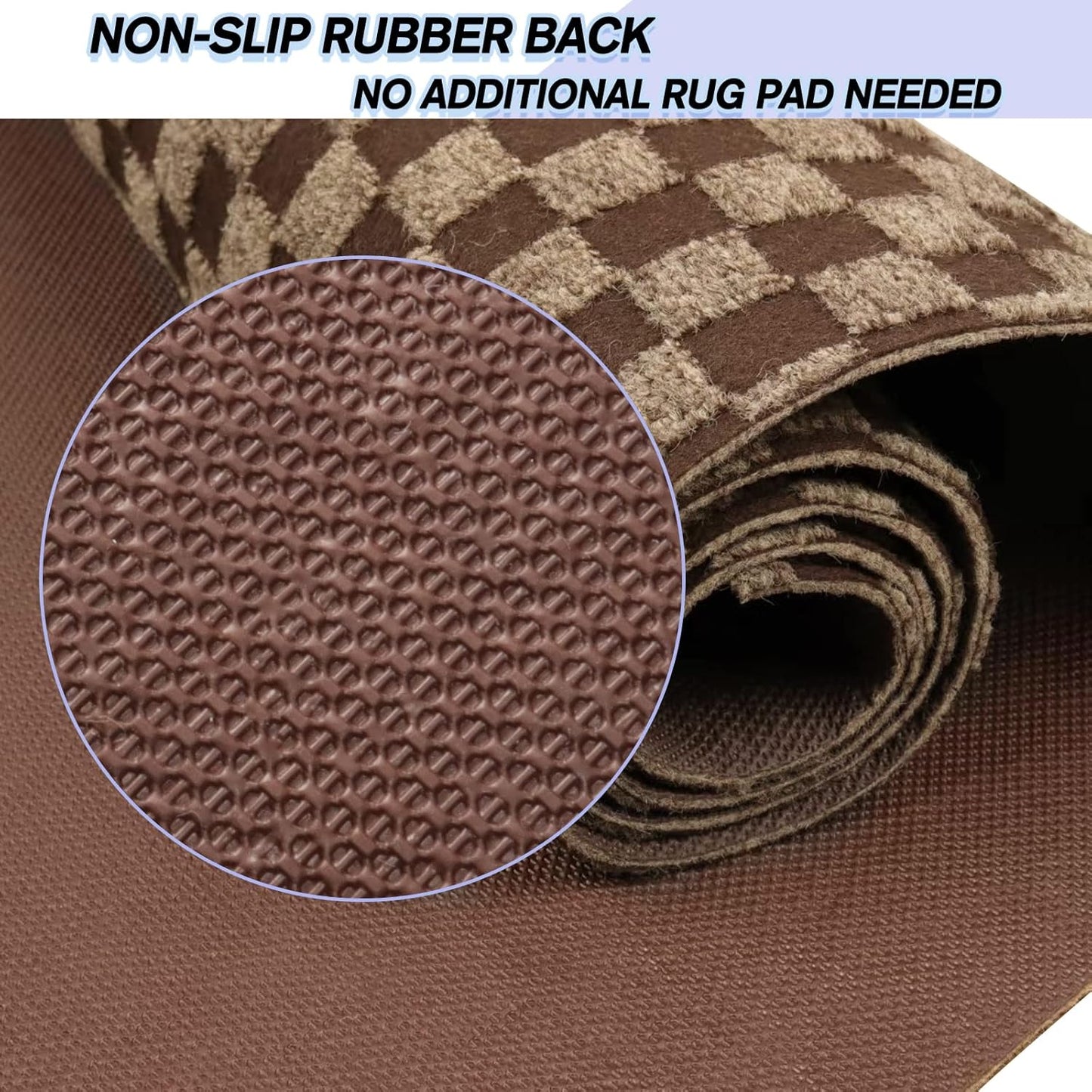 Custom Size Backed Non-Slip Area Rugs Runner, Easy Clean, Waterproof Runner Rugs for Hallway Entryway, Kitchen, Laundry, 3FT x 73FT, Brown Checkered