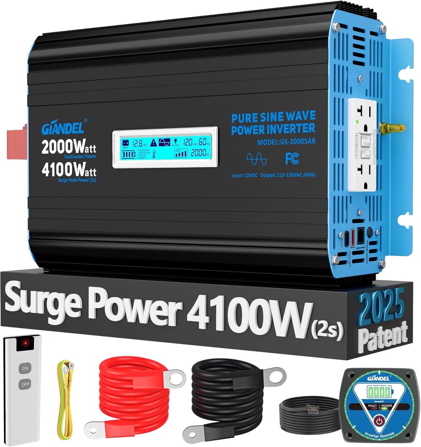GIANDEL 2000 Watt Pure Sine Wave Power Inverter 12V DC to 120V AC,4100W Surge Peak Power,UL Listed GFCI Outlets,FCC Approved,USB-C36W,Remote with Battery Monitor for RVs,Campers,Off Grid Solar Setup