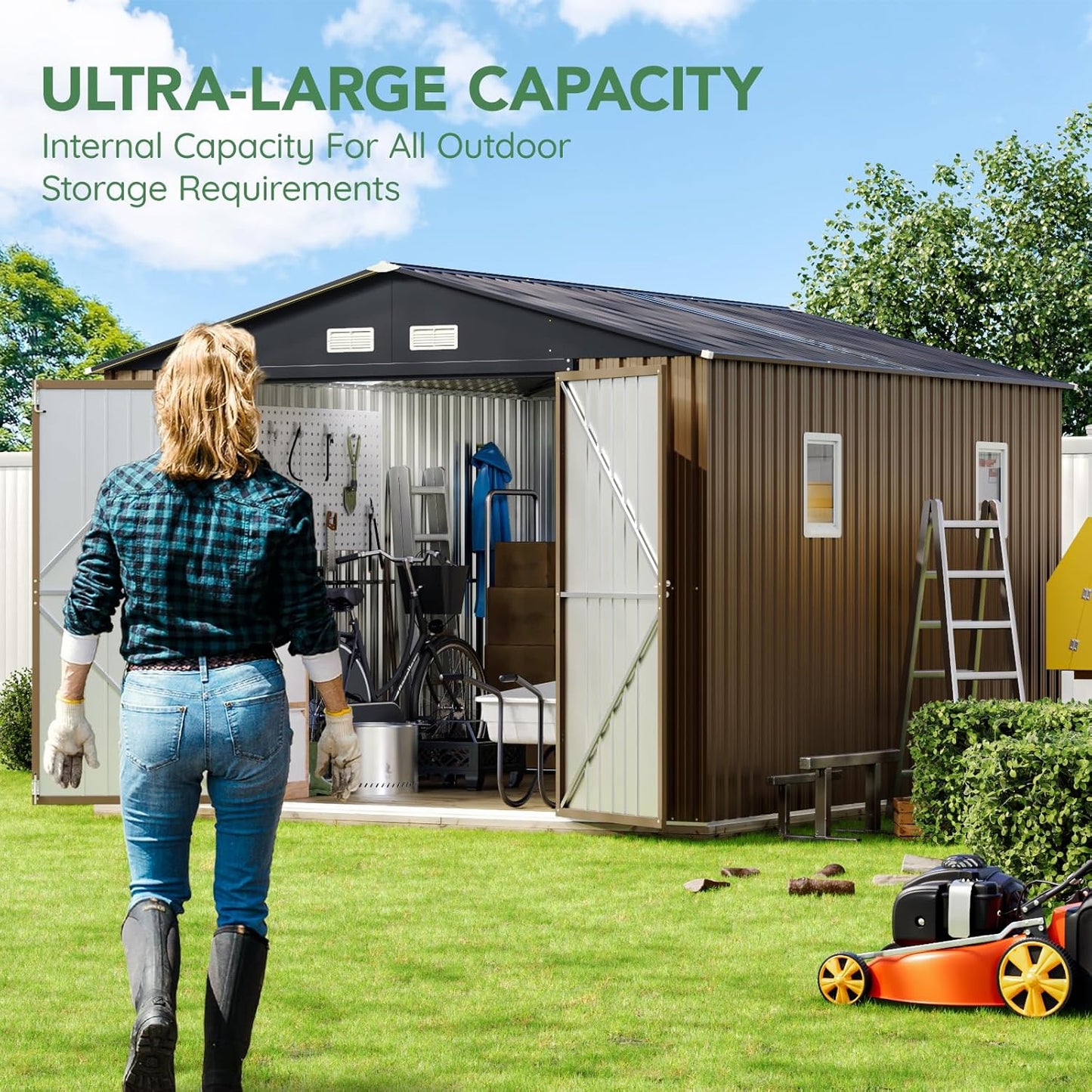 10X12X7.5 FT Outdoor Steel Storage Shed with Lockable Doors, 2 Windows, Transparent Roof Panels, Metal Frame Floor (Wood Panels Not Included), Ideal for Backyard, Patio Storage,Chicken Coop，Brown