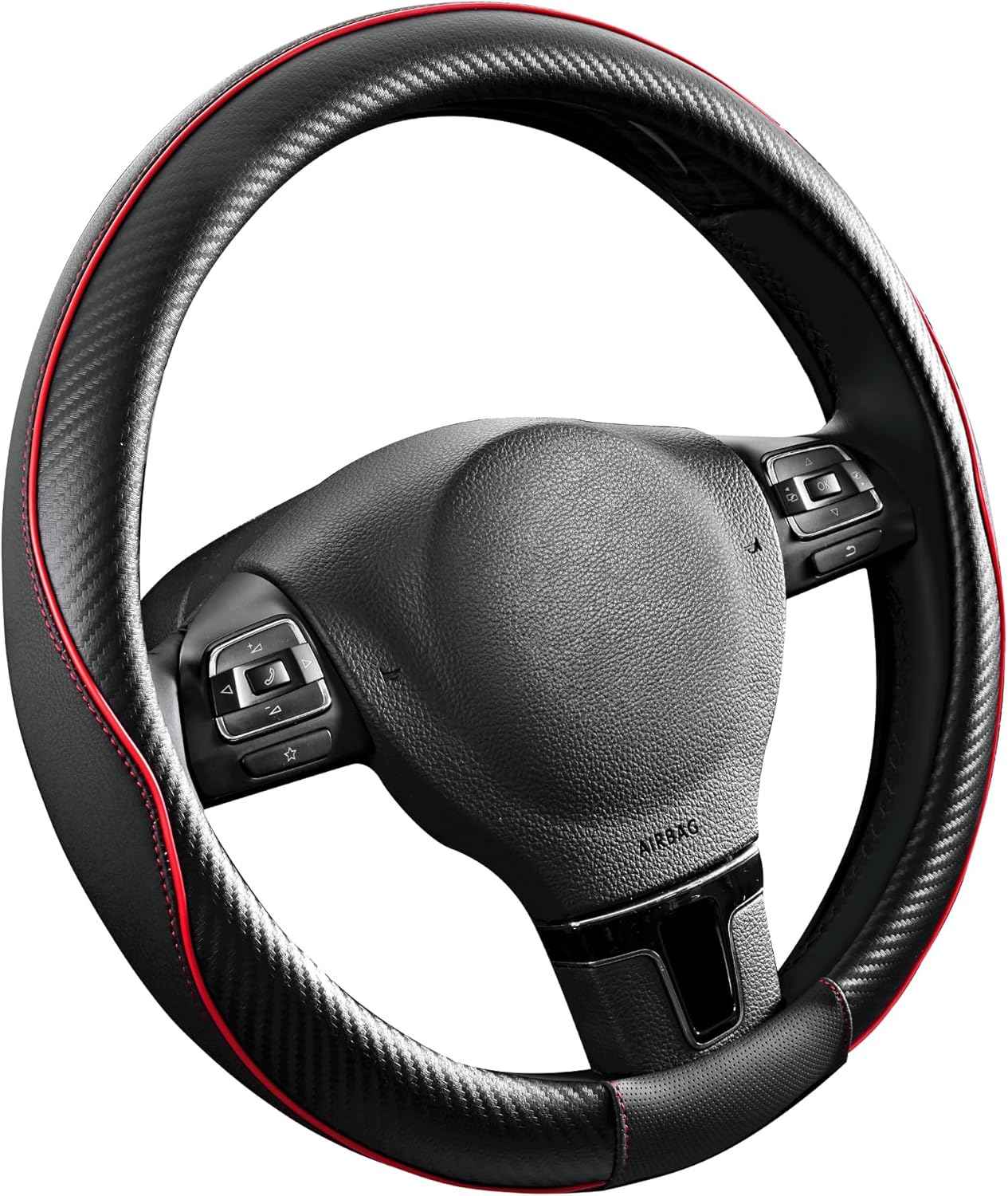 PIC AUTO Steering Wheel Cover, Red Piping Leather, Sports Carbon Fiber and Super Breathable Leather, Universal 14.5-15.5 Inch Anti-Slip Steering Wheels Accessories for Men & Women