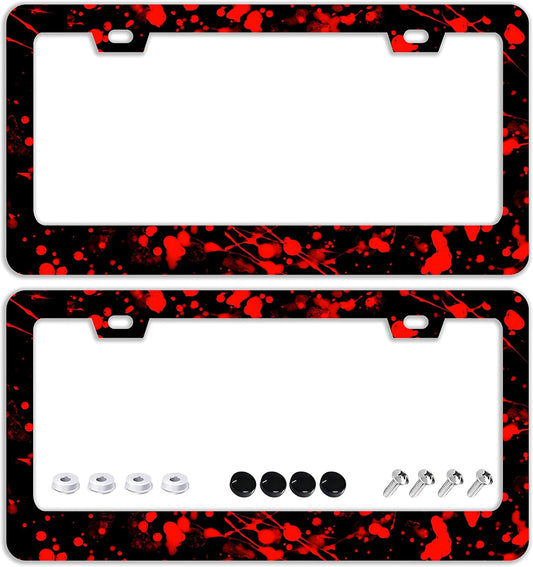 Blood Splattered Red Black License Plate Frames - 2 Pcs Set 2 Holes Stainless Steel Metal Auto Car Accessories Decoration License Plate Frame Cover Size 6.3" x 12.2" Fit US Vehicles for Women Men Gift