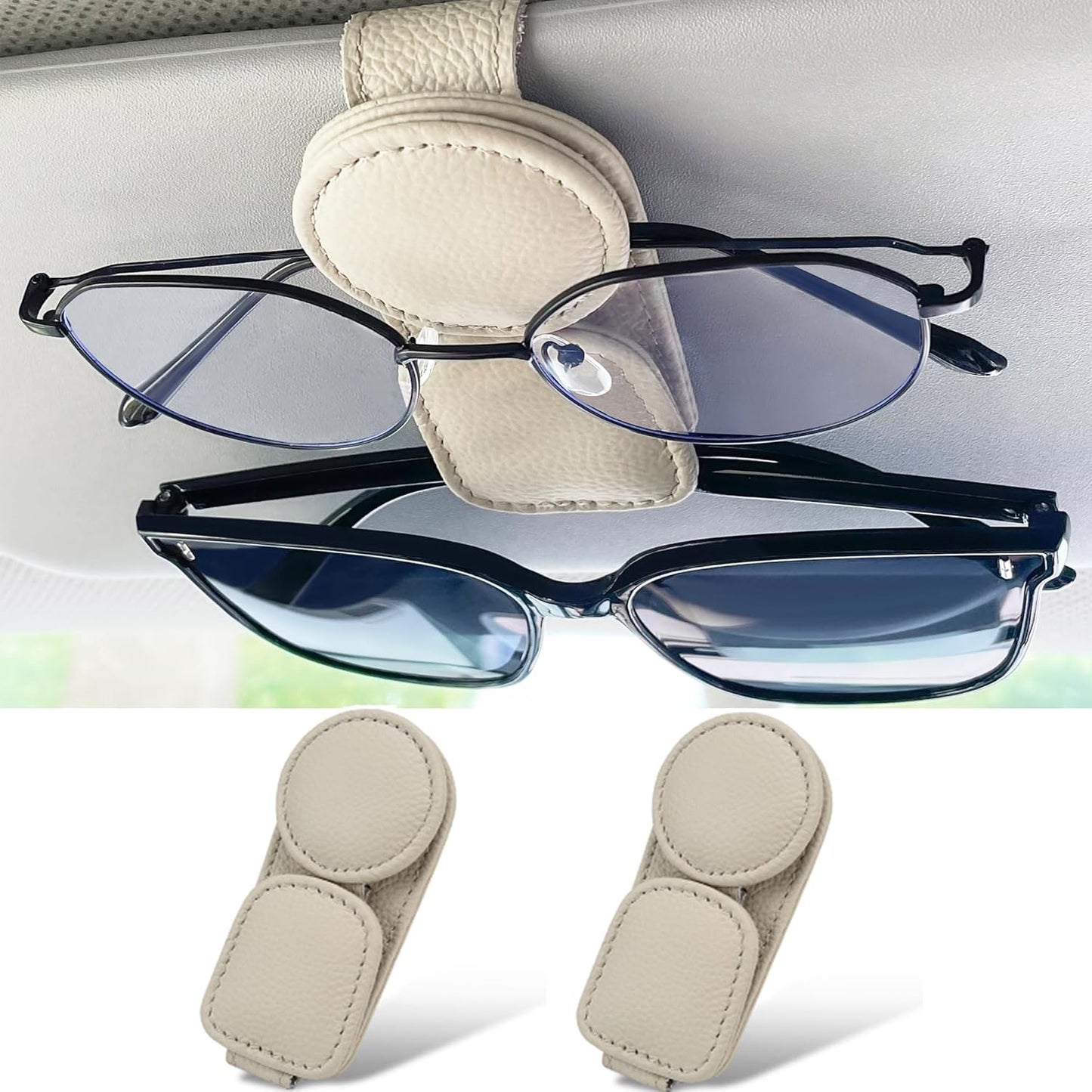 KIWEN 2 Pack Sunglasses Holder for Car Visor, Magnetic Leather Sunglass Eyeglass Hanger Clip for Car Sun Visor Accessories (2, Beige)