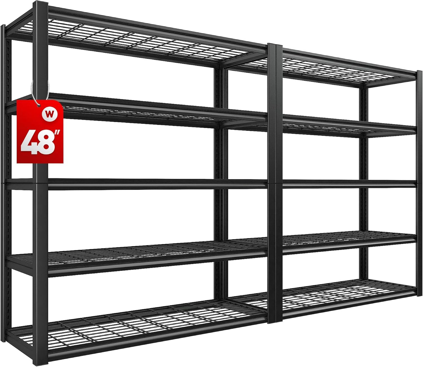 REIBII 48" W Garage Shelving Heavy Duty Load 2500LBS, 5 Tier Storage Shelves, Adjustable Metal Shelves for Warehouse, Pantry, Basement, 48" W X 72" H X18 D, 2PC