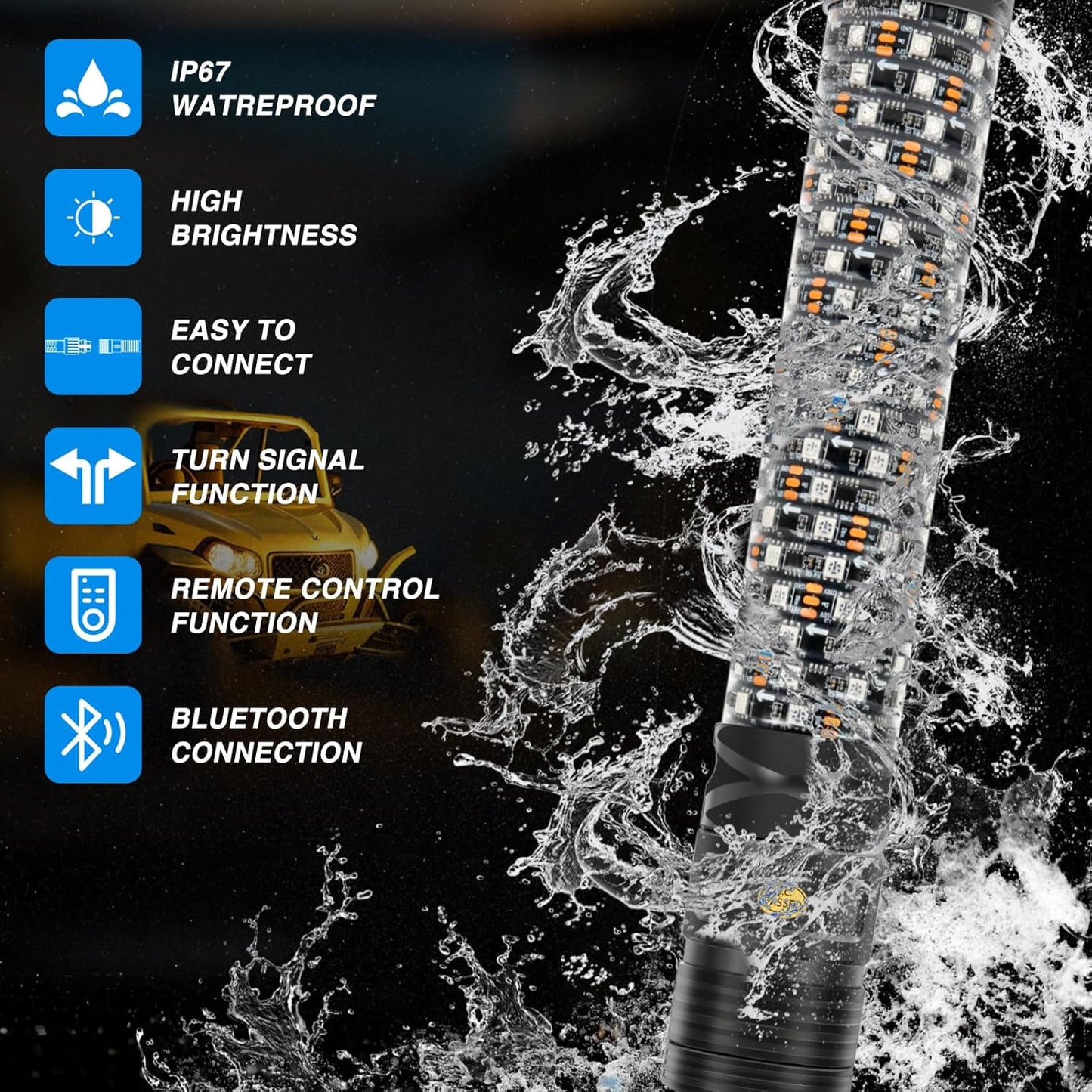 DREAMIZER 2PCS 3FT RGB Whip Lights for UTV ATV Brighter Spiral Chasing Lighted Antenna Whip for Side by Side with APP and Remote Control for Jeep Off-Road RZR Polaris Truck Car 4X4 Sand Buggy Dune