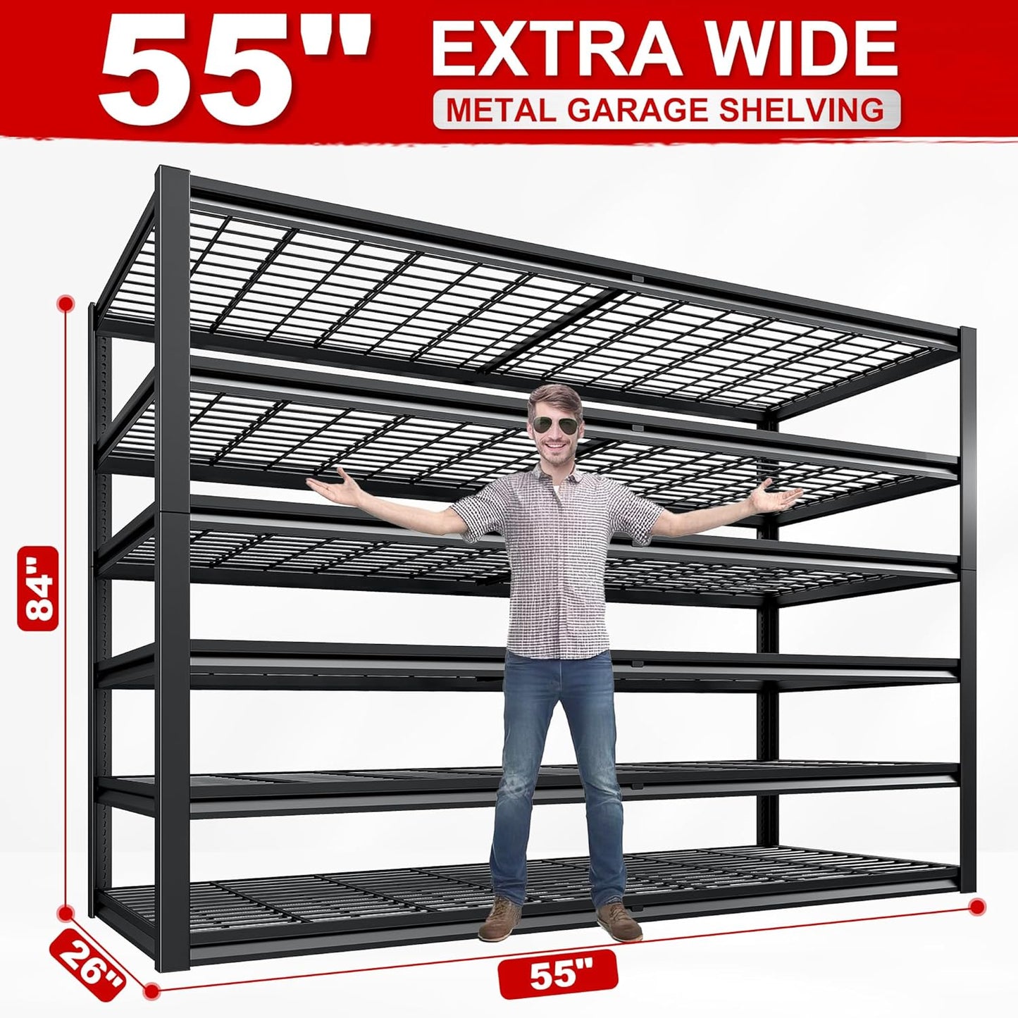REIBII 3500LBS Garage Shelving, Adjustable Storage Shelves Heavy Duty, 6 Tier Heavy Duty Shelving, Metal Shelving Unit for Warehouse, Basement, Industrial, 55" W x 26" D x 84" H, Black, 4 Pack