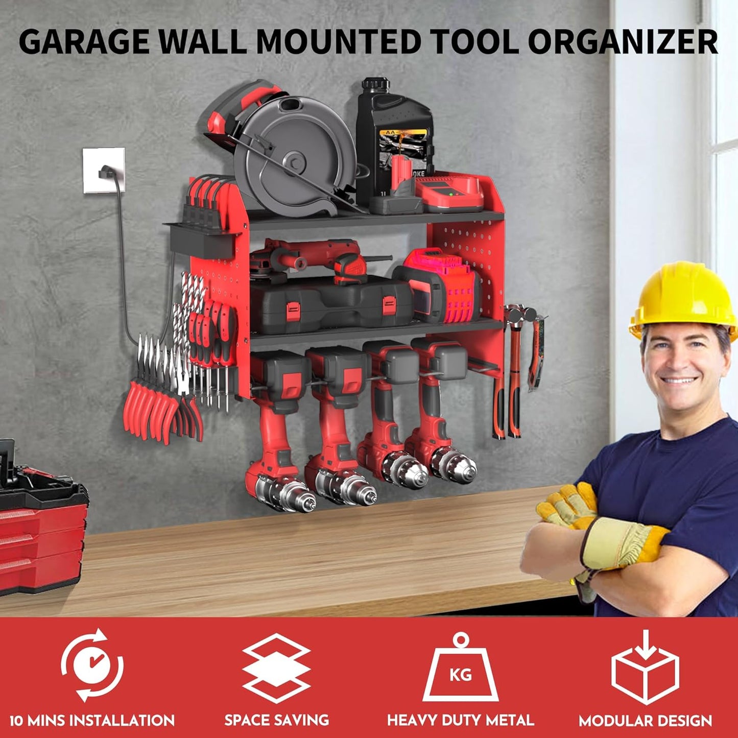 Power Tool Organizer Wall Mount – Adjustable Shelf, Side-Mounted 4-Outlet Charging Station | Heavy Duty Steel Drill Holder with Pegboards, Hooks & Drill Bit Rack for Garage & Workshop Storage(Red)