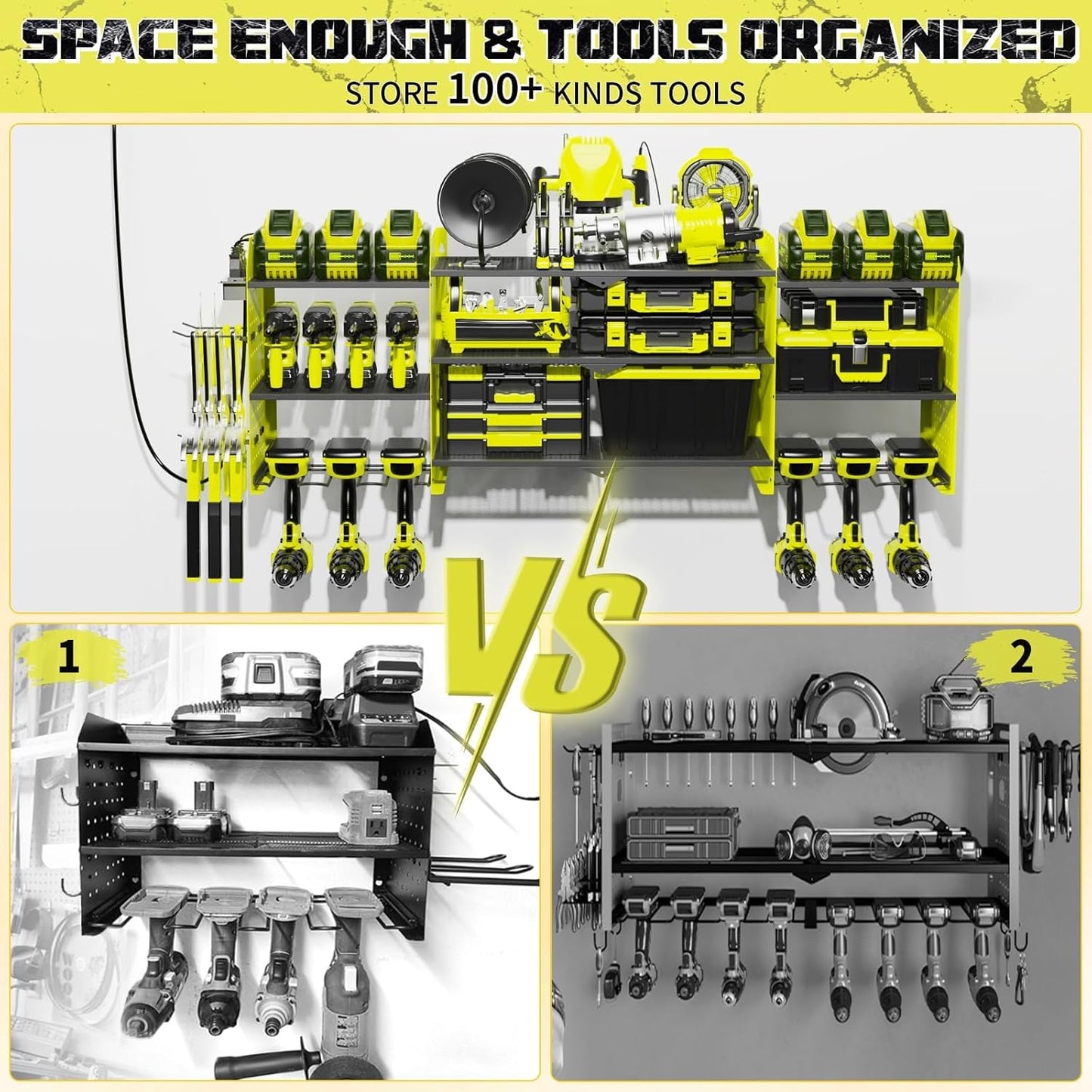 45" Large Power Tool Organizer Wall Mount with Charging Station - 3 Layer Storage Racks with 8 Cordless Drill Holder, 4 Hooks, Heavy Duty Garage Tool Organizer Storage for Workshop Pegboard Basement