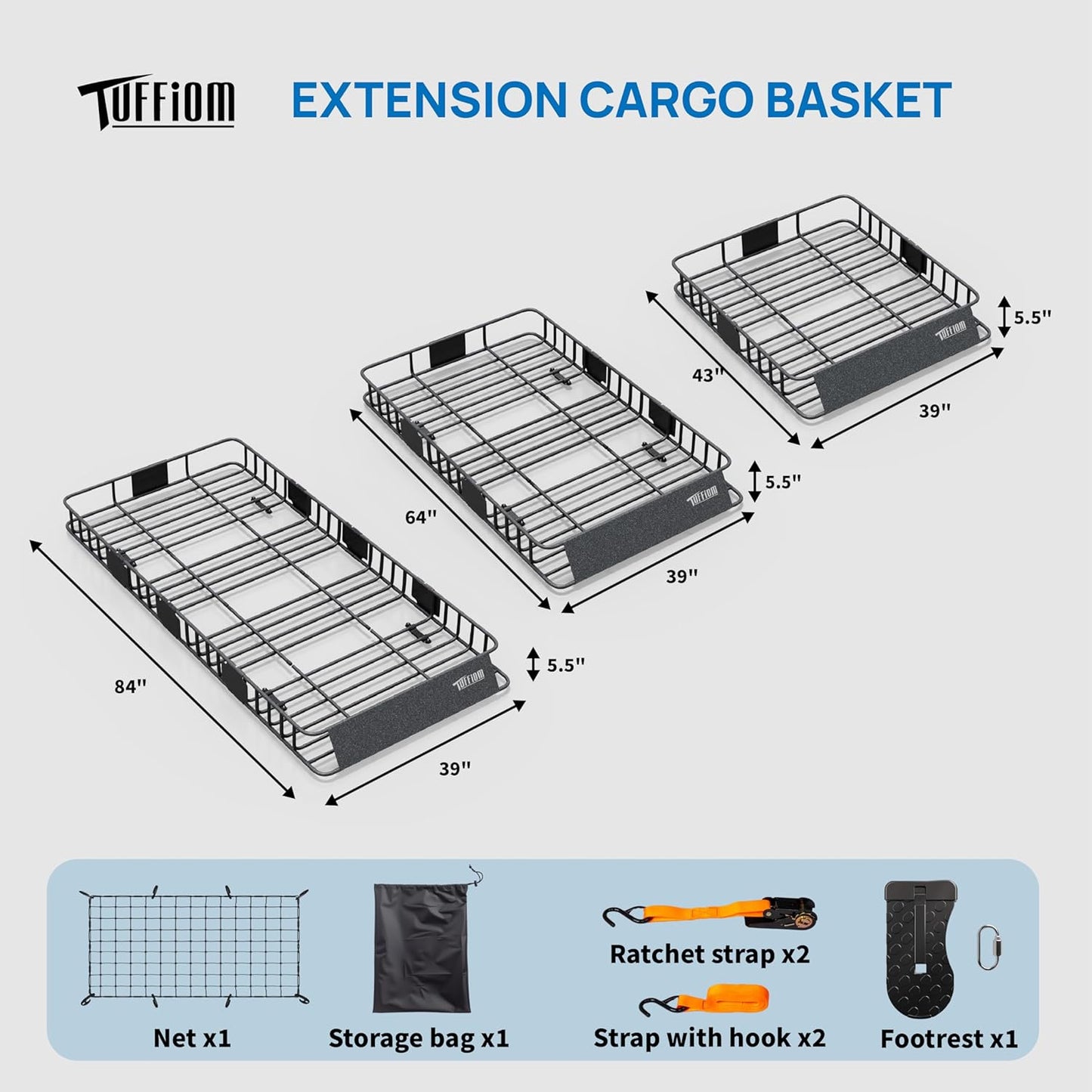 Bonnlo 250lbs Extendable Rooftop Cargo Carrier,84 * 39 * 5.5inch Universal Roof Rack Basket with Rubber Net,Storage Bag,Straps and Footrest,for SUV/Truck/Van