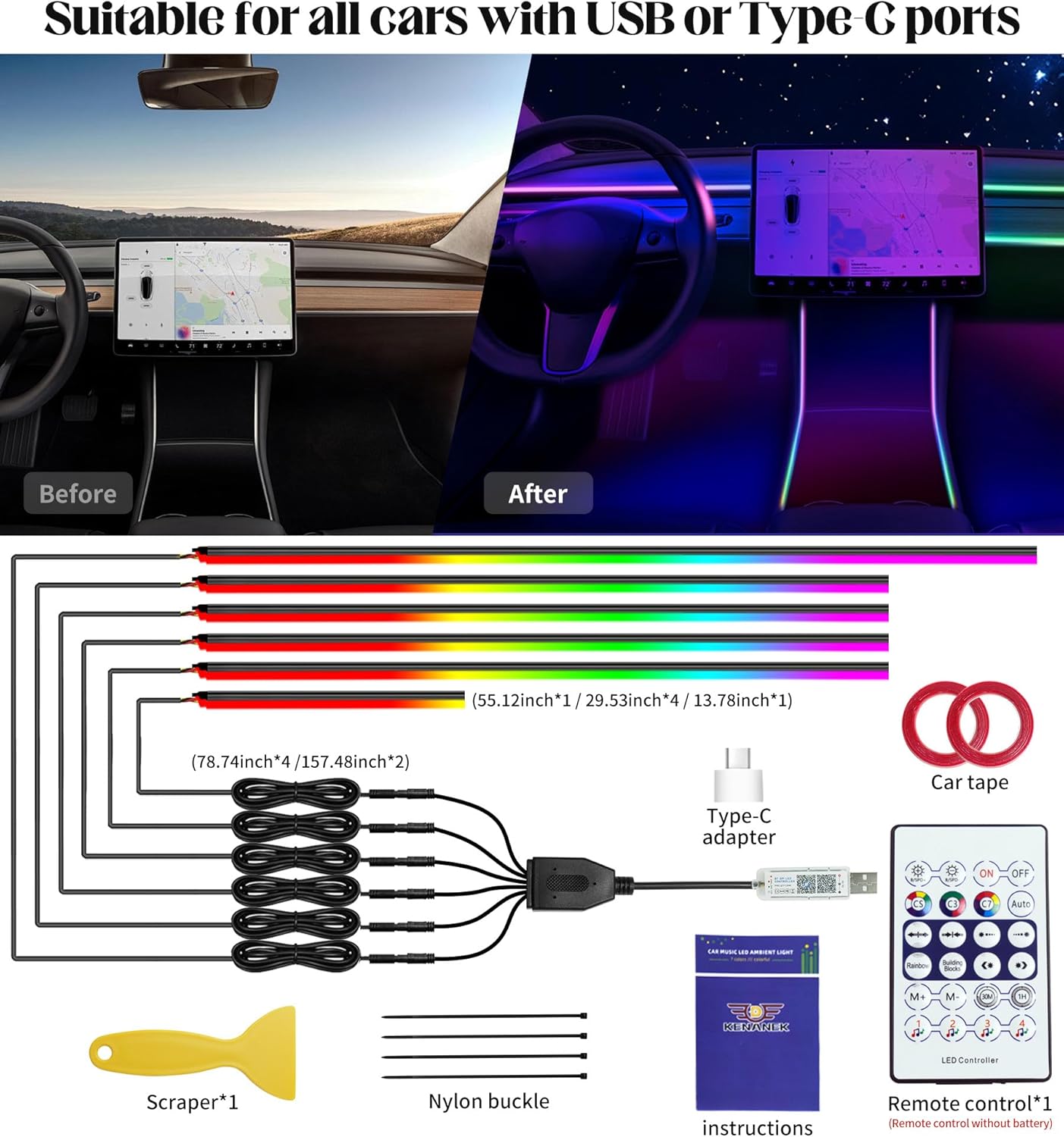 KENANEK Acrylic Interior Car LED Strip, 6 in 1 USB/Type C Interface Colorful 187-inch car Ambient Lights kit，Supporting Wireless Control Modes，with 16 Million Color Options
