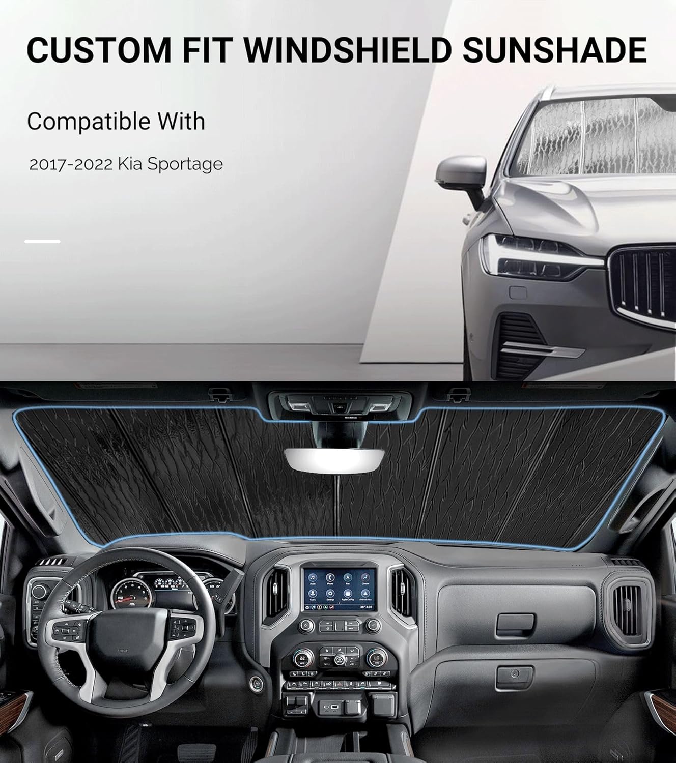Windshield Sun Shade for Kia Sportage 2017-2022,Front Window Sunshade Shield, 2-in-1 Reflective Sun Shade,Silver for Summer, Black for Winter