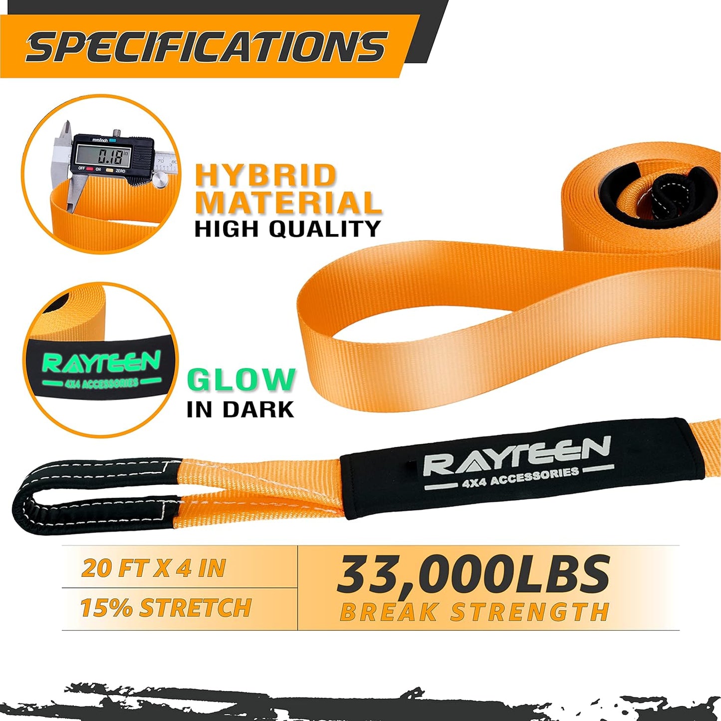 Genuine 33,000lb Xtreme Heavy Duty Recovery Tow Strap(20ft x 4in) + 20,000lb Tree Saver Strap(8.2ft x 3in) | Include Reflective Sleeve & Reinforced Loop | Suits for 4x4 Offroad UTV ATV Trucks