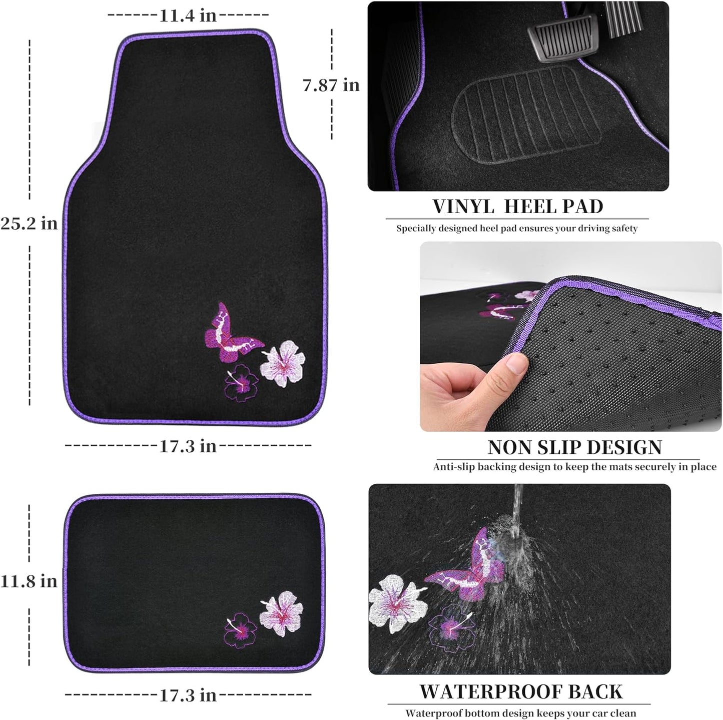 CAR PASS Universal Cloth Butterfly Car Seat Covers Full Set, Embroidered Flower Waterproof Car Floor Mats Carpet, Butterflies Steering Wheel Cover for Car Accessories Interior Sets (Black and Purple)