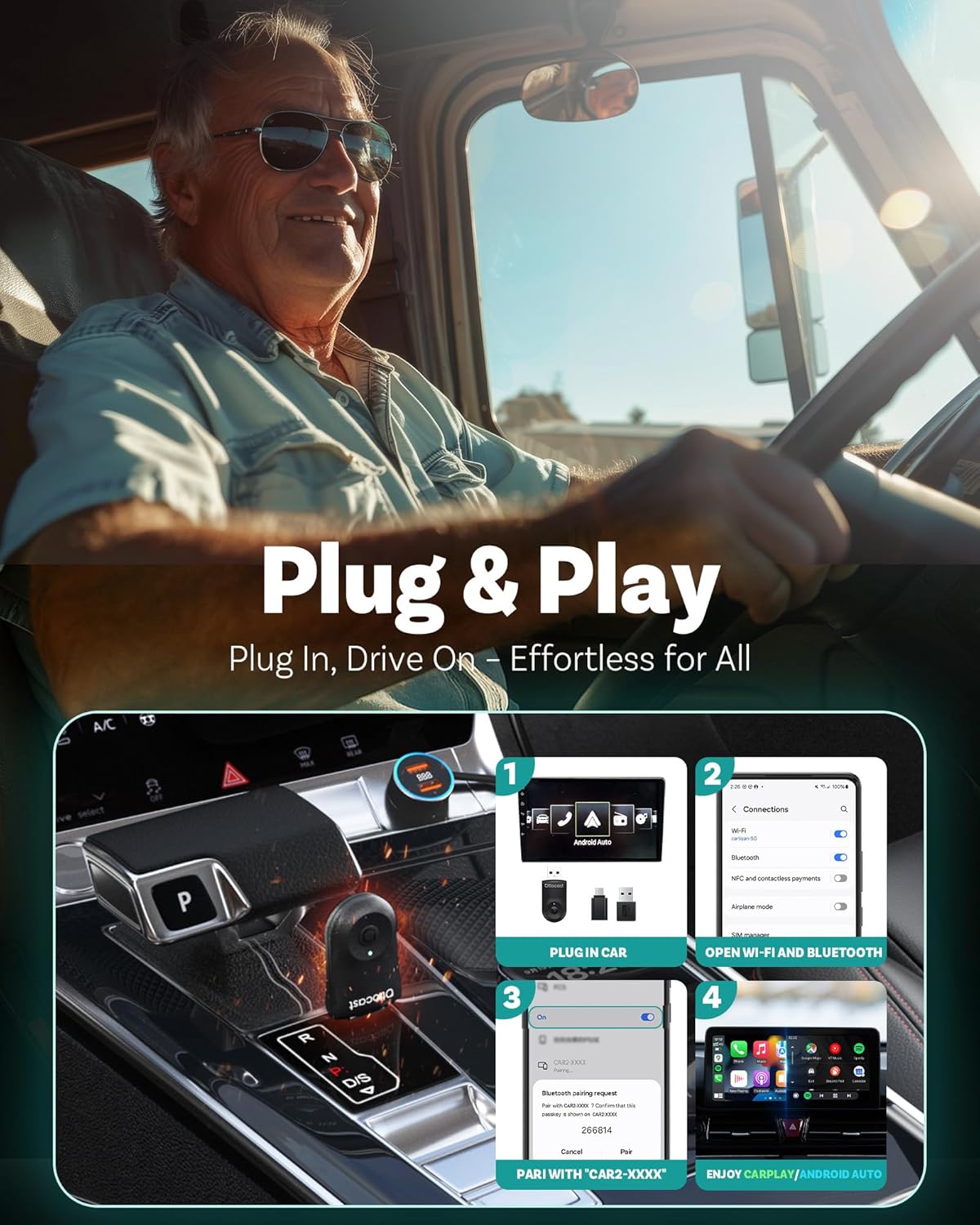 OTTOCAST Mini 2025 2-in-1 Wireless CarPlay/Android Auto Adapter, 5GHz WiFi, Auto Connect for 2016+ Cars