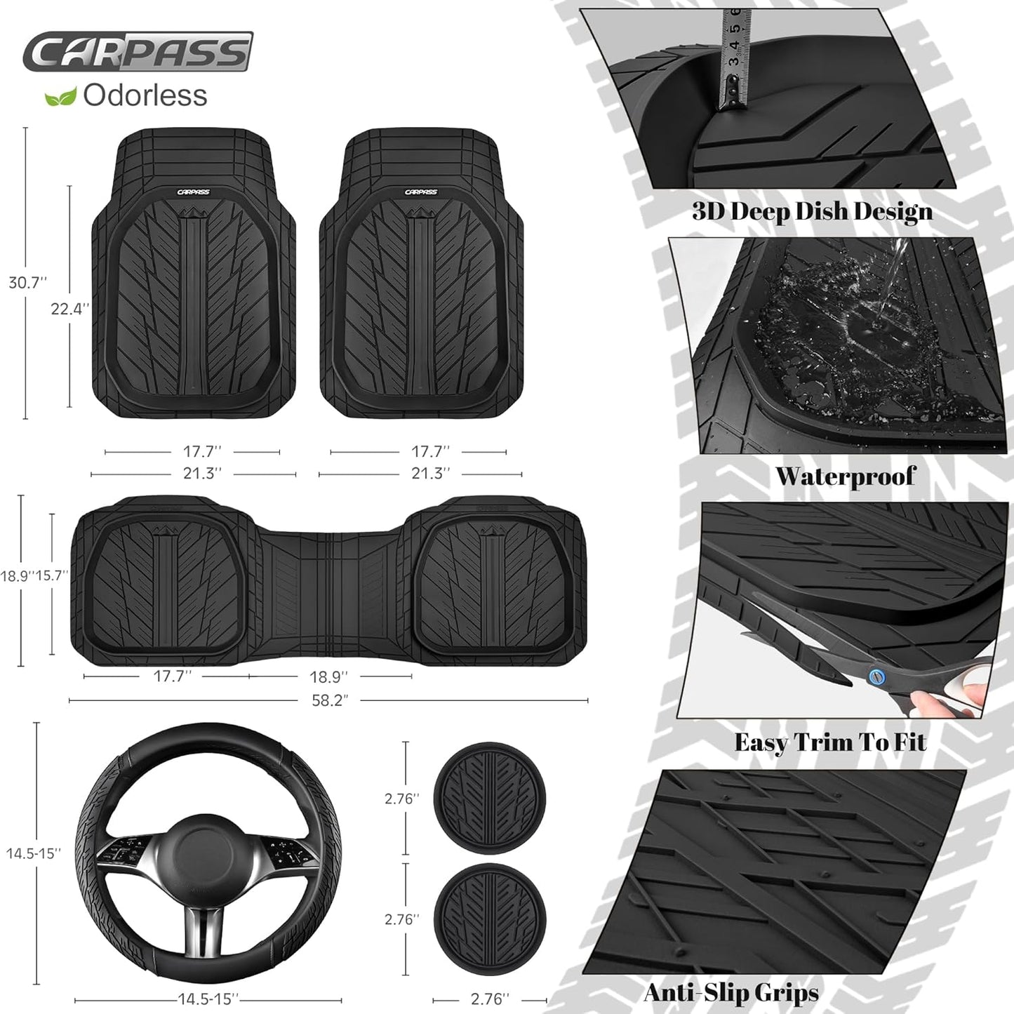 CAR PASS Leather Rubber Steering Wheel Cover 14 1/2” -15”,Tire Tread Pattern Design,Non-Slip Wear-Resistant, Heavy Duty Deep-Dish Car Floor Mats, Trim-to-Fit Car Mat,Fit for Steering Wheel Black