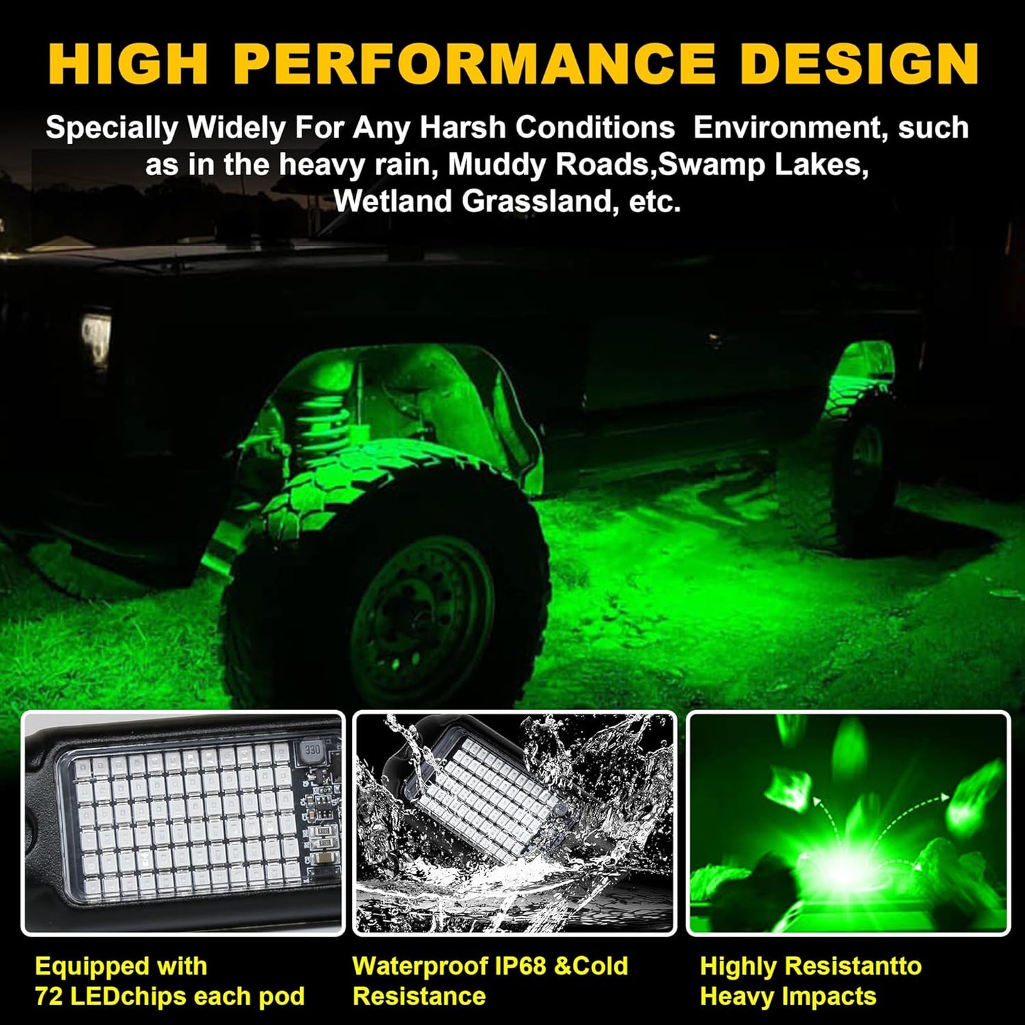 Nicoko 4Pods Pure Green LED Rock Lights 72w high Power Rock Lights Neon Underglow Light for Car Trucks ATV UTV SUV Boat Underbody Glow Trail Rig Light IP68 Waterproof