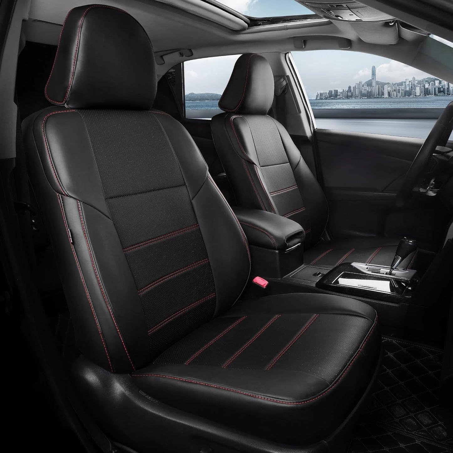 for Toyota Camry Seat Covers SE XSE SE Sport 2012 2013 2014 2015 2016 2017 - Custom Fit Car Seat Covers Full Set, Waterproof Breathable Leather Seat Covers for Cars, Black Red Not for Hybrid