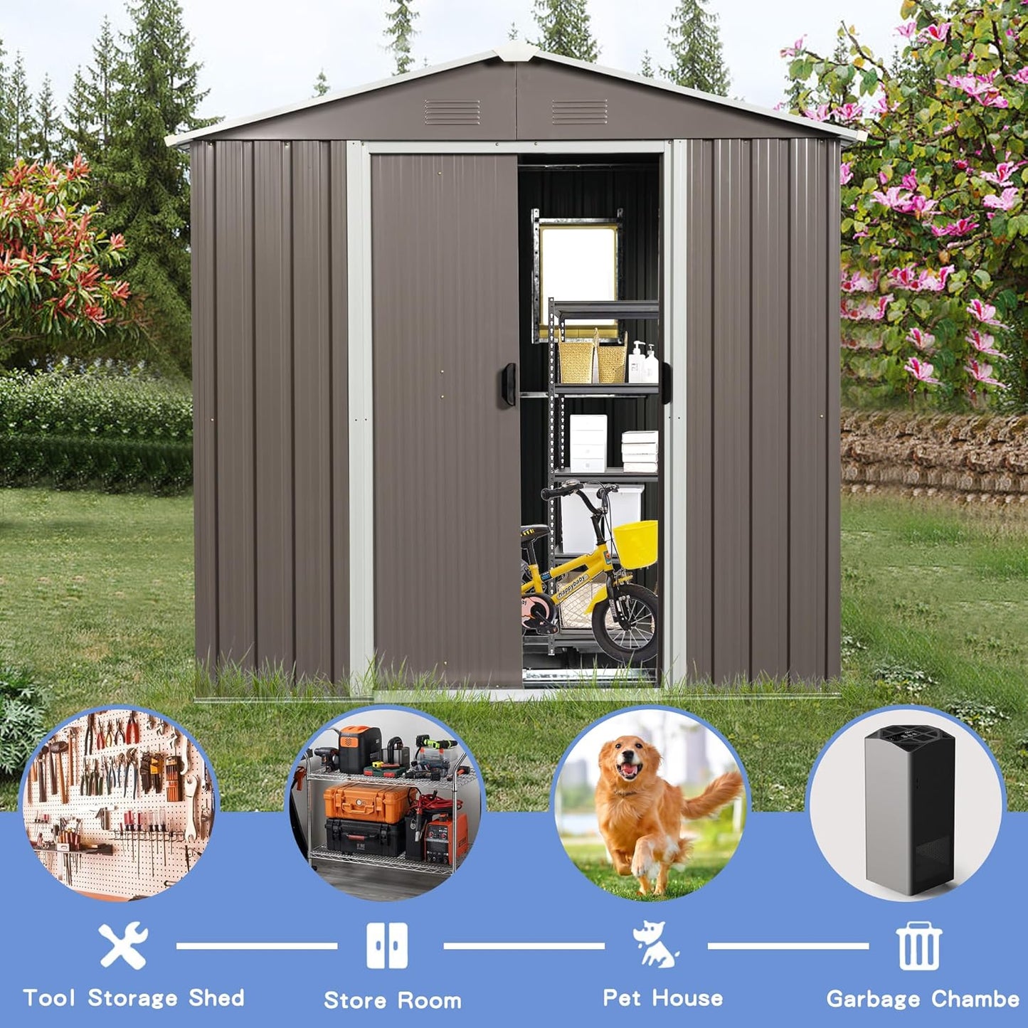8 x 4 FT Outdoor Storage Shed, Large Metal Utility Garden Shed with Sliding Doors Sliding Doors, Waterproof Sloping Roof, Air Vents, Tool Storage House for Backyard Lawn, Gray