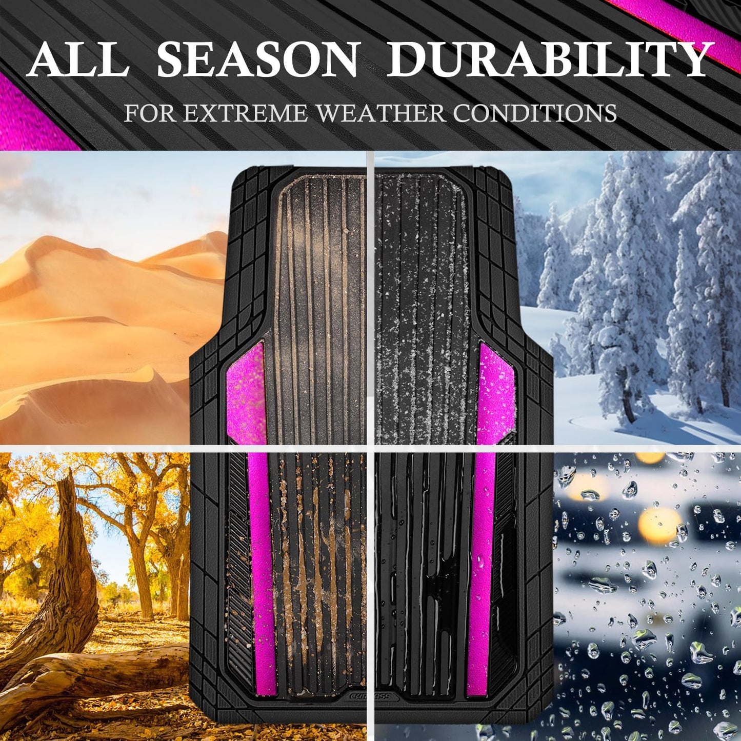 CAR PASS Heavy Duty Rubber Car Mats Metallic, Aluminum Film All Weather Floor Mats Waterproof Universal Trim to Fit for SUV Sedan Van 4 Piece Anodized Deep Dish Two-Tone Sporty Black Hot Pink Chrome