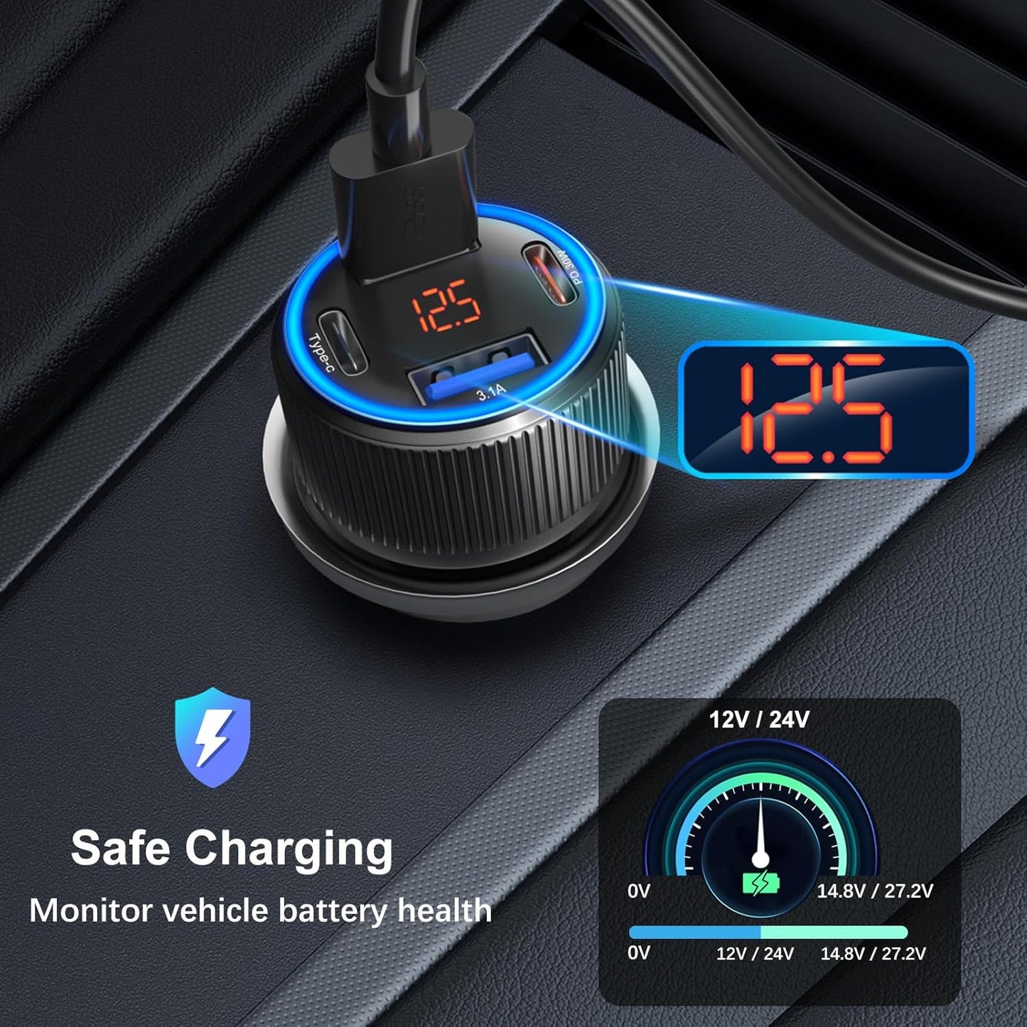 5 Pack USB C Car Charger, 4-Port 65W Car Power Adapter with Voltmeter QC+PD 3.0 Fast Charging Cigarette Lighter USB Charger for iPhone 16/15/14/13/12 Pro Max,Galaxy S25/S24,Android(Black)