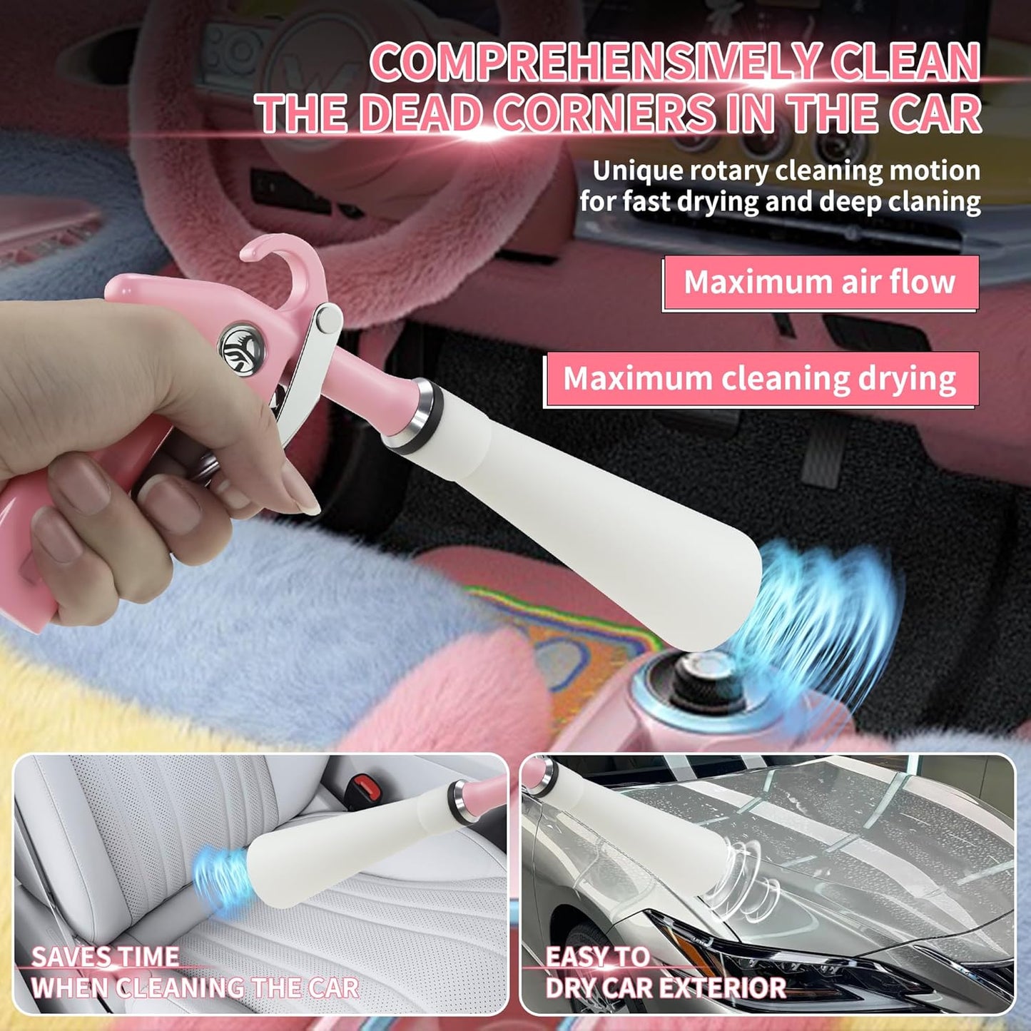 XIAOFENG Tornado Dry Cleaning Gun Detailing Interior Dryer Air Blow Gun with 2 Set Nozzle High Pressure Car Drying Blower Gun for Women Car Quickly Blasts Dirt and Dust from Surface Pink