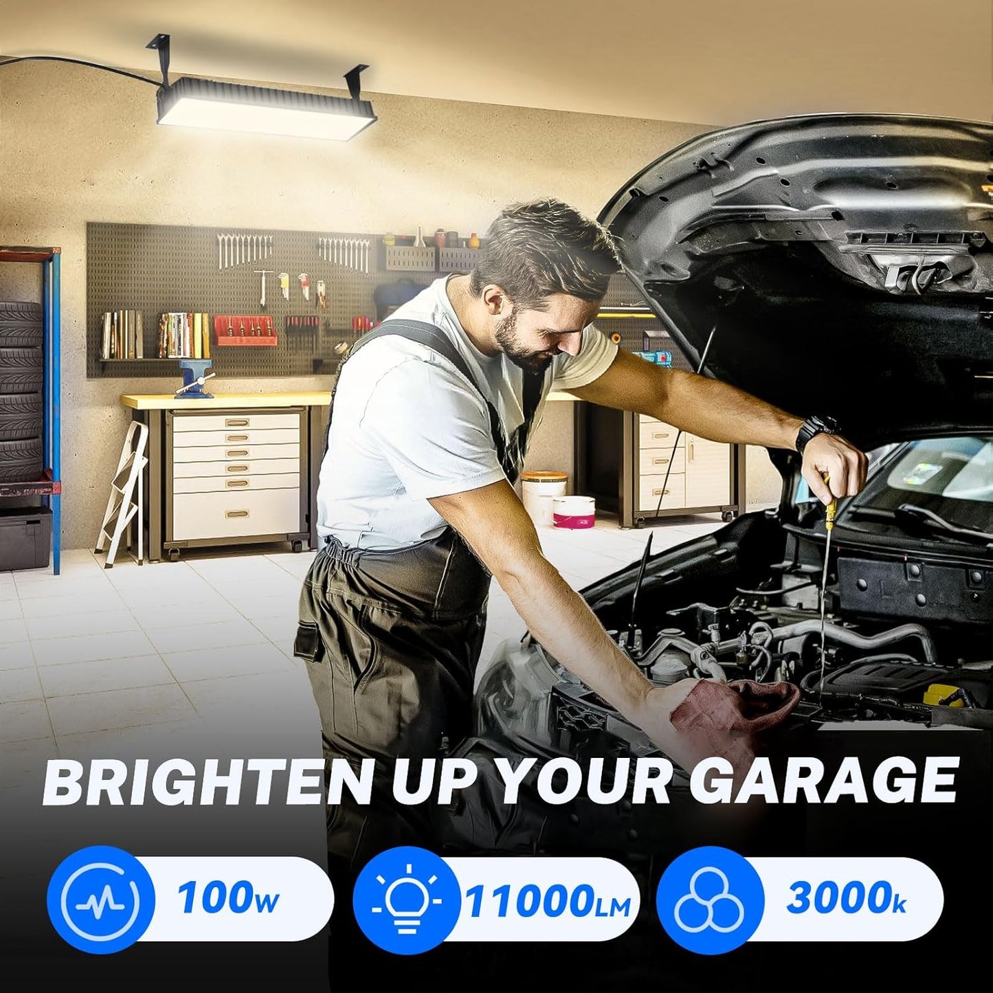 2 Pack LED Shop Lights, 100W 11000LM 3000K Warm White Plug in Garage Light with 6FT Power Cord, IP66 Waterproof Work Bench Shop Lights for Garage, Workshop, Warehouse, Outdoor, Yard, Garden