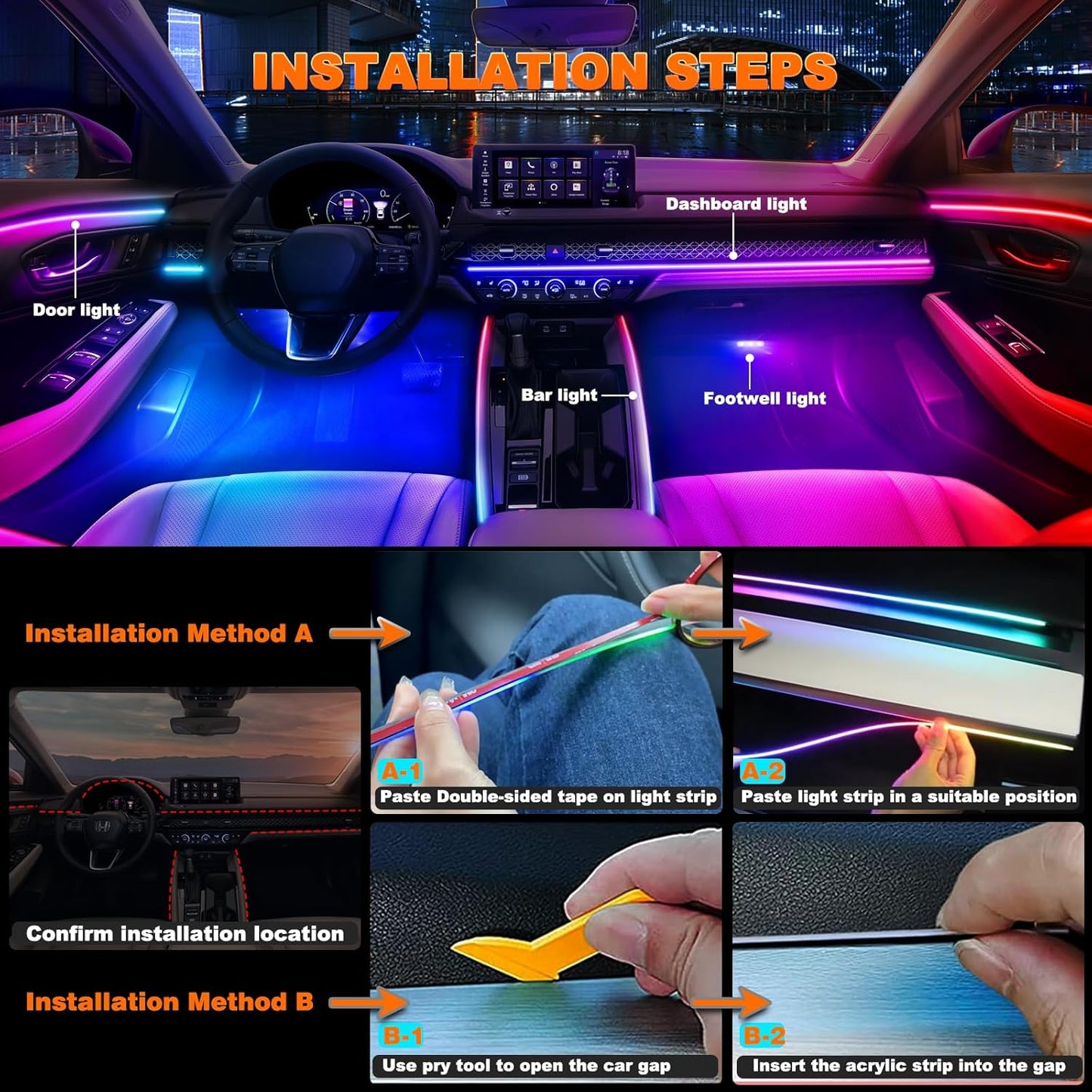 Interior Car LED Strip Lights, Acrylic LED Lights for Car with Dynamic Dreamcolor Chasing, Ambient Lighting Kits Music Sync Wireless APP and RF Remote Control (10 in 1)