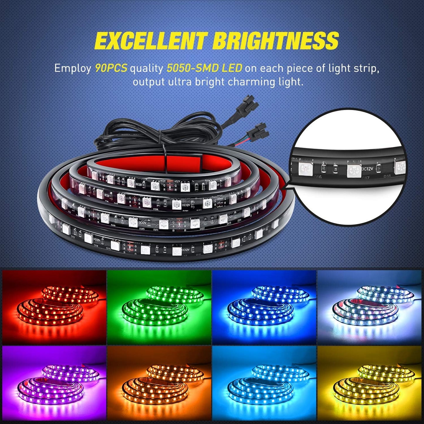 Nilight - TL-31 2PCS 60Inch RGB Truck Bed Light Strip Kit 180 LED RF Remote Control with On Off Switch Blade Fuse 2Way Splitter Extension Cable for Cargo Pickup Truck SUV RV Boat, 2 Years Warranty