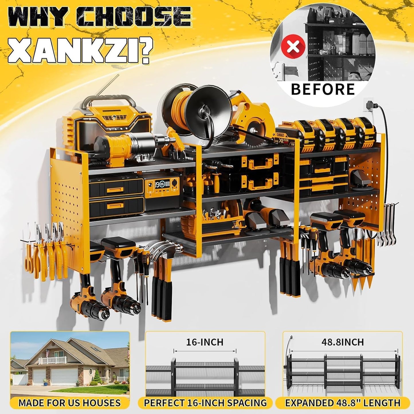 Power Tool Organizer with Charging Station Wall Mount, 3 Layer Expanded Heavy Duty Garage Organization, 48.8 Inch Length Garage Tool Storage, 4 Drill Slot, 16" Standard Hole, Yellow