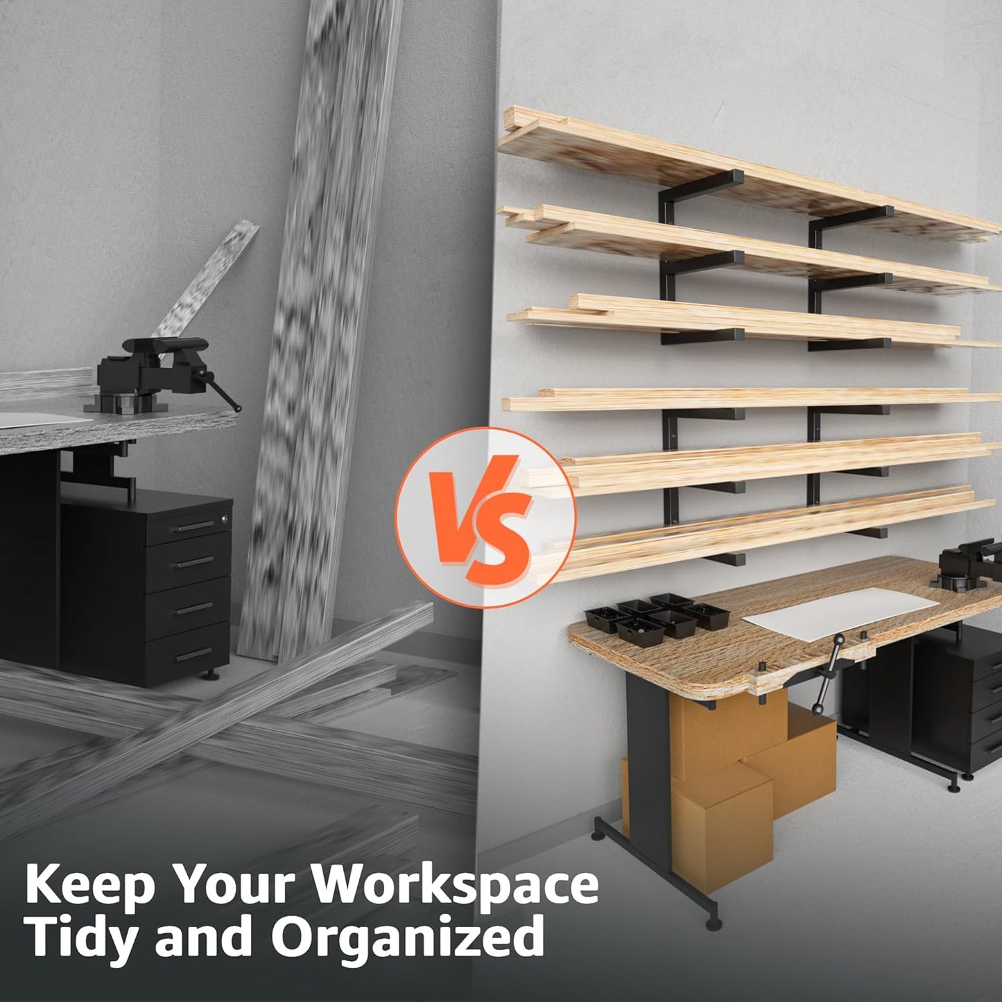 YYR Wood Organizer and Lumber Storage Rack Wall Mount, Heavy Duty Metal Shelf with 6-Level Holds Up 1200 LBS, Indoor & Outdoor Use - Black