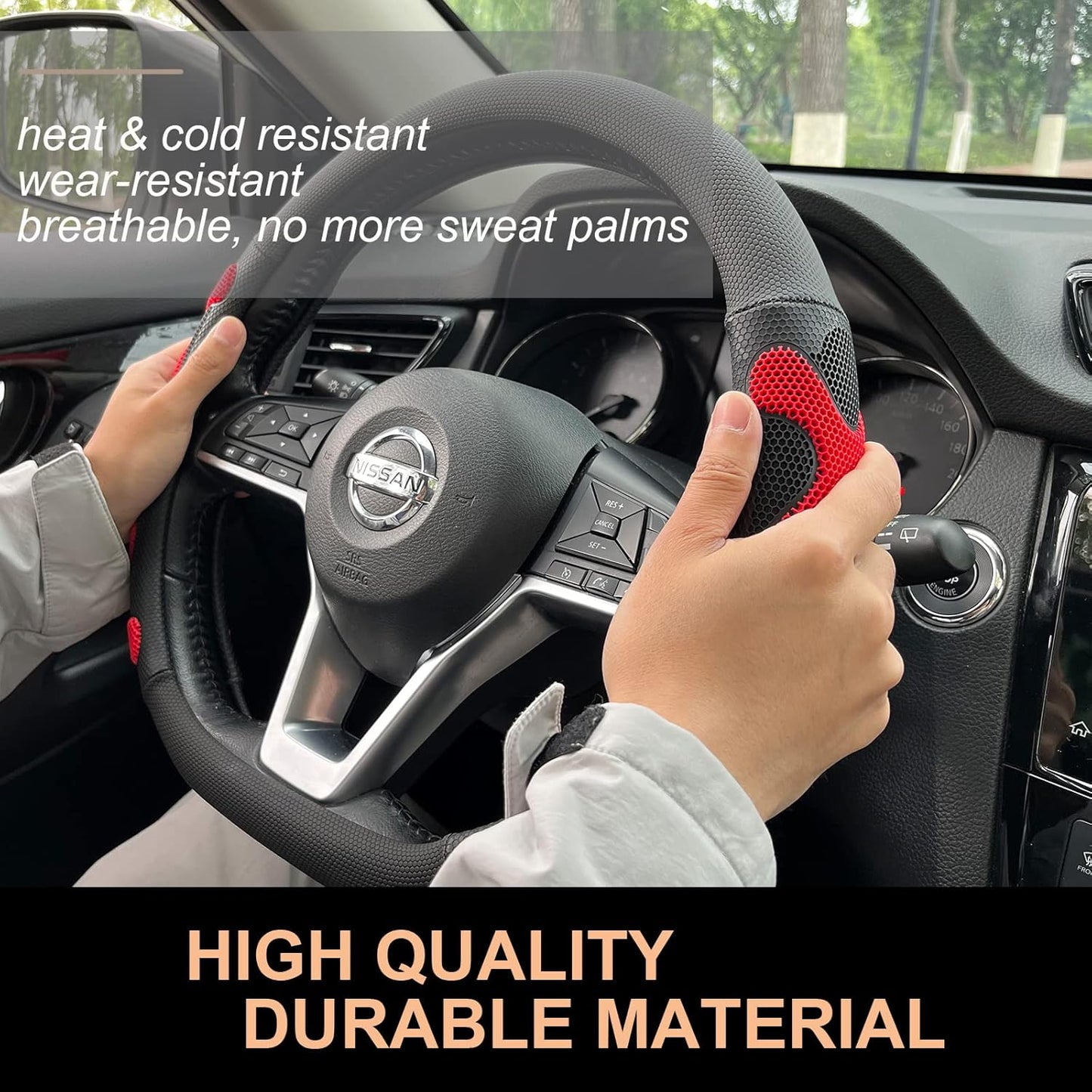 PINCTROT D Shaped Comfy Grip Steering Wheel Cover, Anti-Slip Design, Flat Bottom 14.5-15 Inch(Silicone Red)