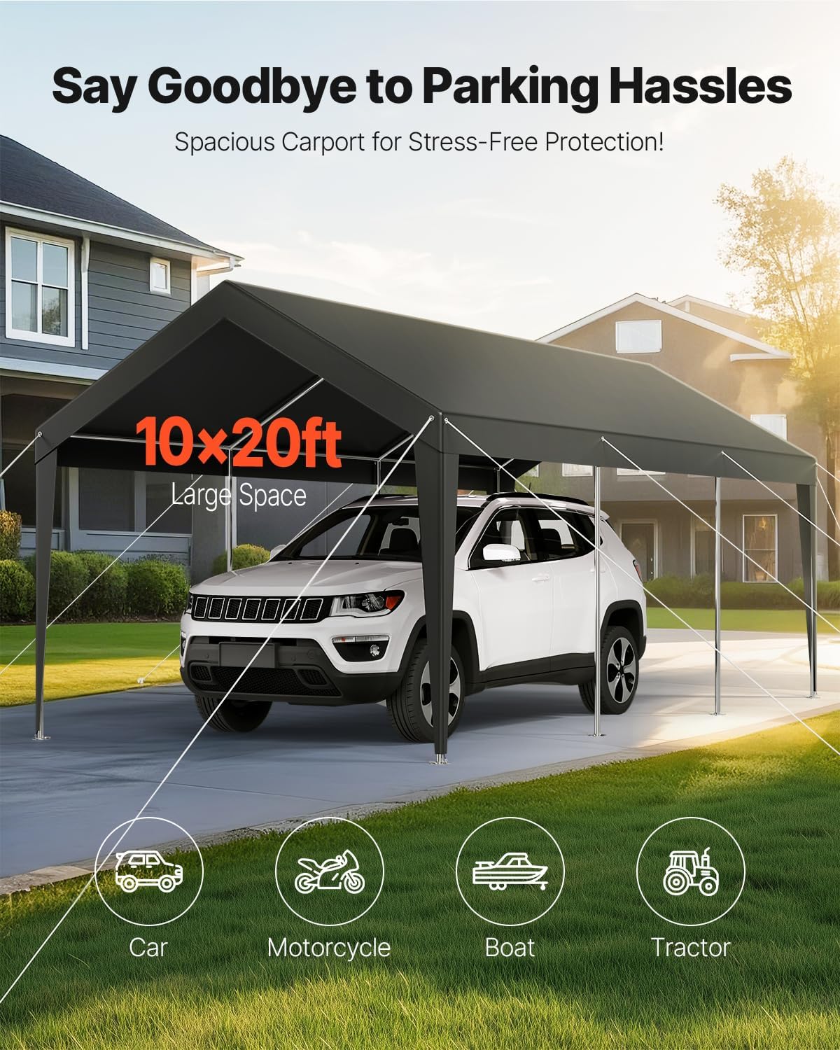 VEVOR Carport, 10 x 20 FT Outdoor Car Canopy, Potable Carport, Heavy Duty Galvanized Car Shelter, UV-Resistant & Water-Resistant, All-Season Protection, Storage Shed for Car Boat Motorcycle Grey