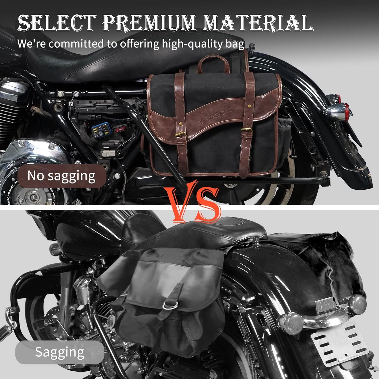 NICECNC Motorcycle Saddle Bags, Vintage Oil Waxed Canvas Saddlebags Motorcycle Panniers Side Throw Over Saddle Bags Compatible with Harley Honda Suzuki Yamaha Adventure Street Glide Brown