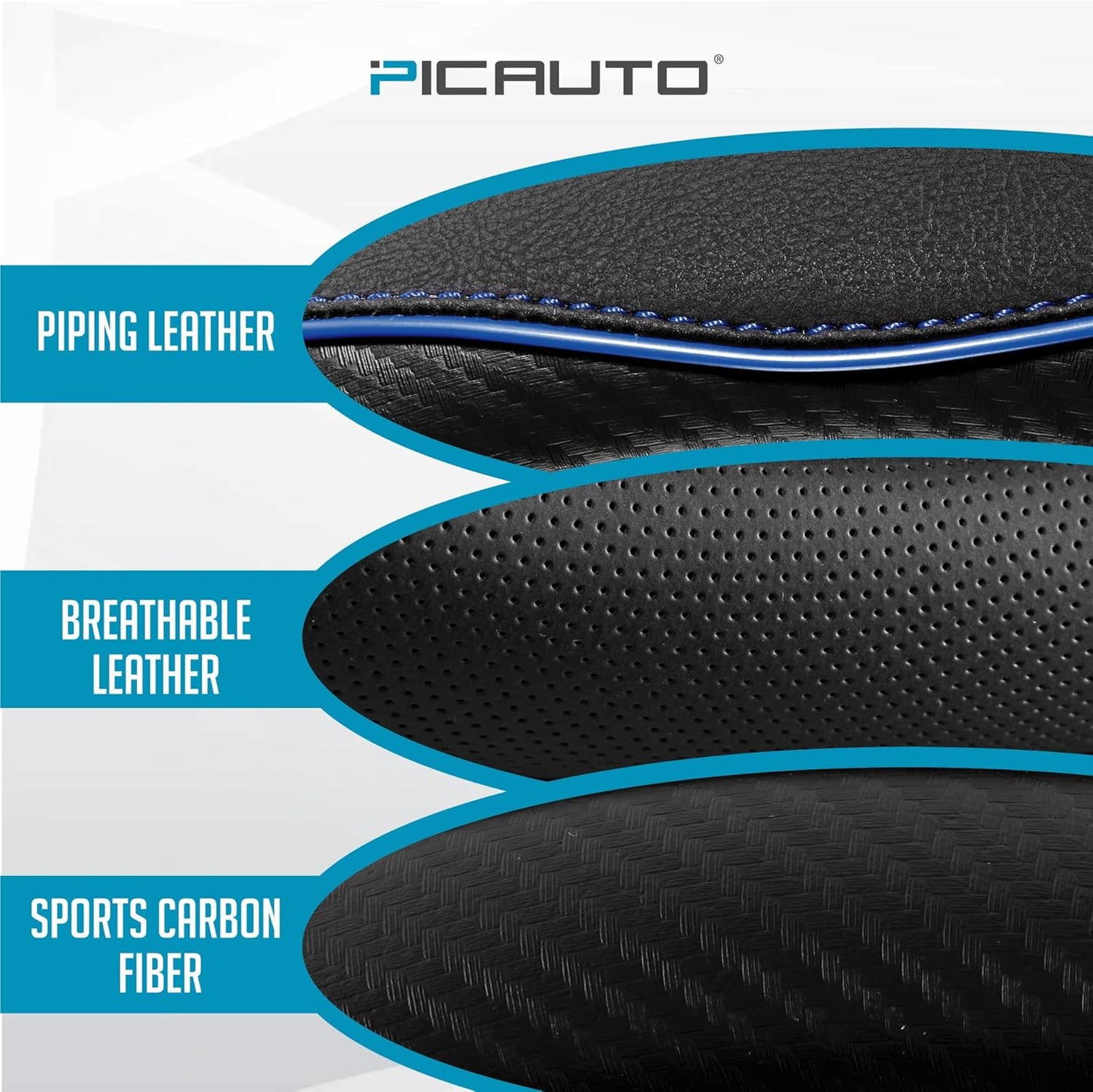 PIC AUTO Steering Wheel Cover, Blue Piping Leather, Sports Carbon Fiber and Super Breathable Leather, Universal 14.5-15.5 Inch Anti-Slip Steering Wheels Accessories for Men & Women