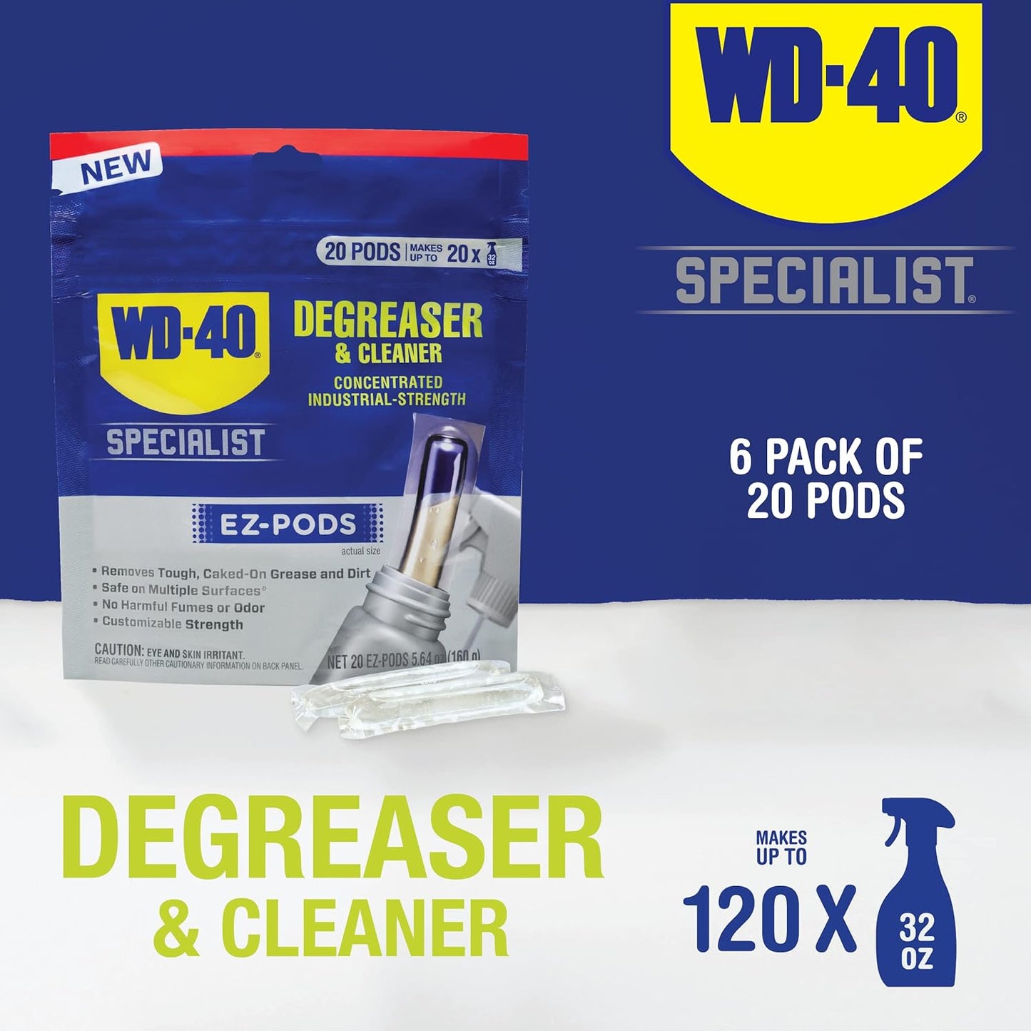 WD-40 Specialist Degreaser and Cleaner EZ-PODS, Customizable Industrial-Strength Concentrate, Multi-Surface Cleaning Solution, 20 Pods (Pack of 6, 120 Count Total)